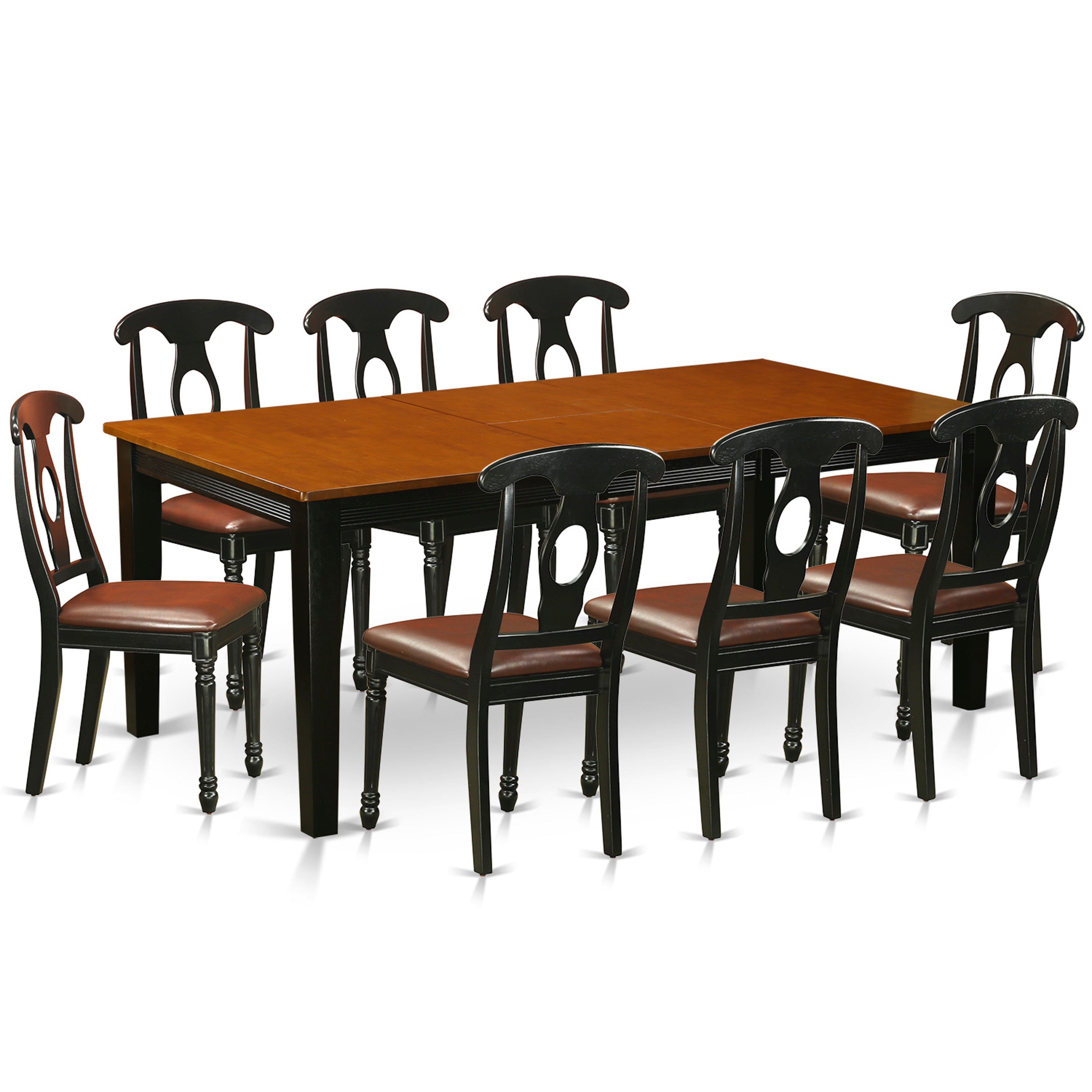 El juego de mesa de comedor de 9 piezas QUKE9-BCH-LC de East West Furniture incluye una mesa de comedor rectangular con hojas de mariposa y 8 sillas de comedor de cuero sintético.