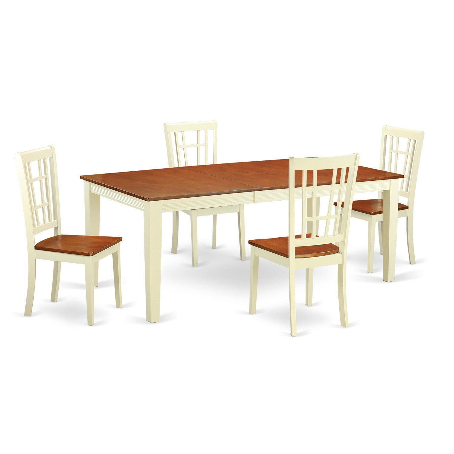 El juego de mesa de comedor de 5 piezas QUNI5-WHI-W de East West Furniture incluye una mesa de cocina rectangular con diseño de hojas de mariposa y 4 sillas de comedor.