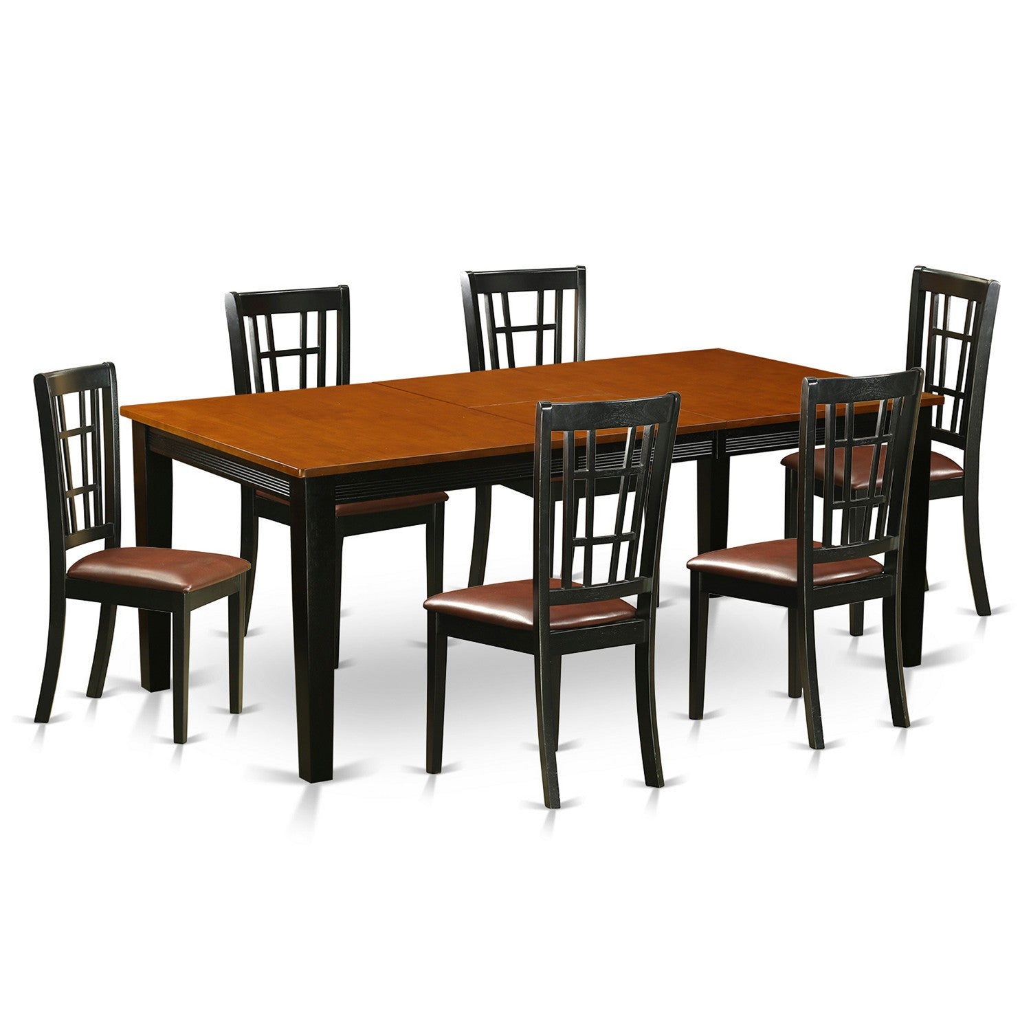 El juego de mesa de comedor East West Furniture QUNI7-BCH-LC de 7 piezas consta de una mesa rectangular de madera con diseño de hojas de mariposa y 6 sillas de comedor de cocina de cuero sintético.