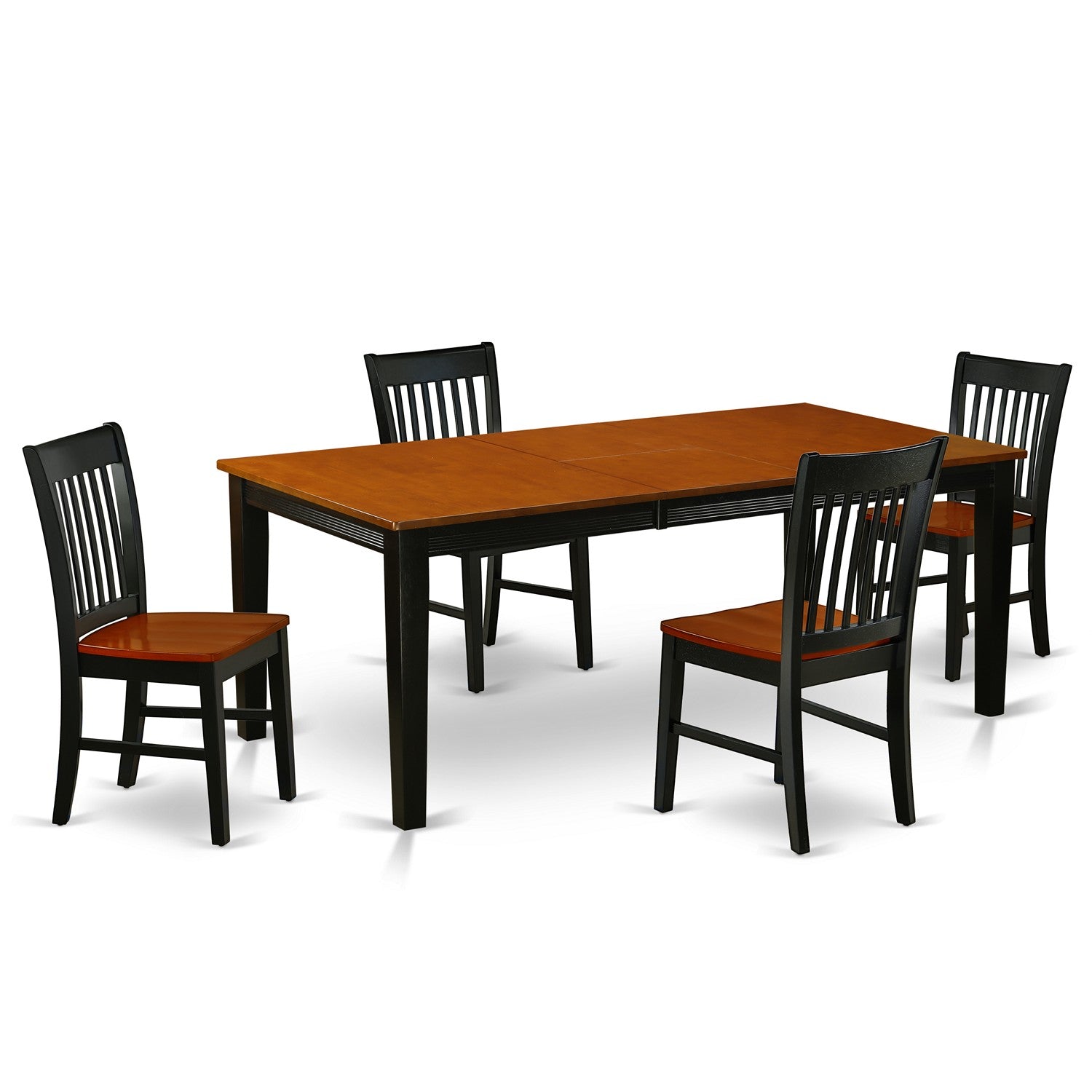 Juego de mesa y sillas de cocina de 5 piezas QUNO5-BCH-W de East West Furniture. Incluye una mesa de comedor rectangular con hojas de mariposa y 4 sillas de comedor.