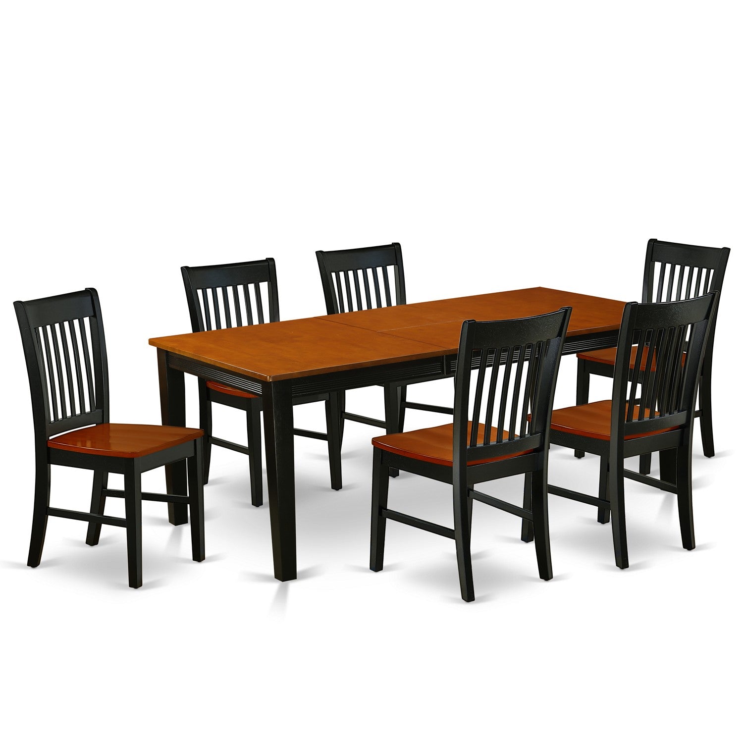 Juego de mesa de comedor de 7 piezas East West Furniture QUNO7-BCH-W compuesto por una mesa de cocina rectangular con diseño de hojas de mariposa y 6 sillas de comedor.