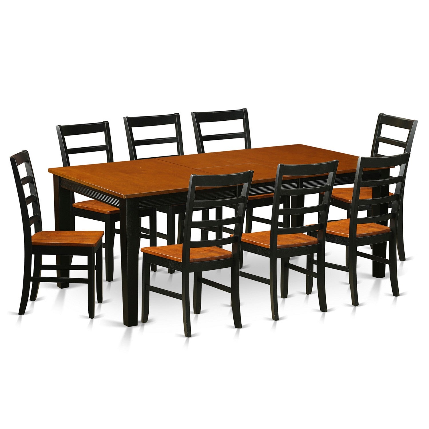 El juego de mesa de cocina de 9 piezas QUPF9-BCH-W de East West Furniture incluye una mesa de comedor rectangular con hojas de mariposa y 8 sillas de comedor.