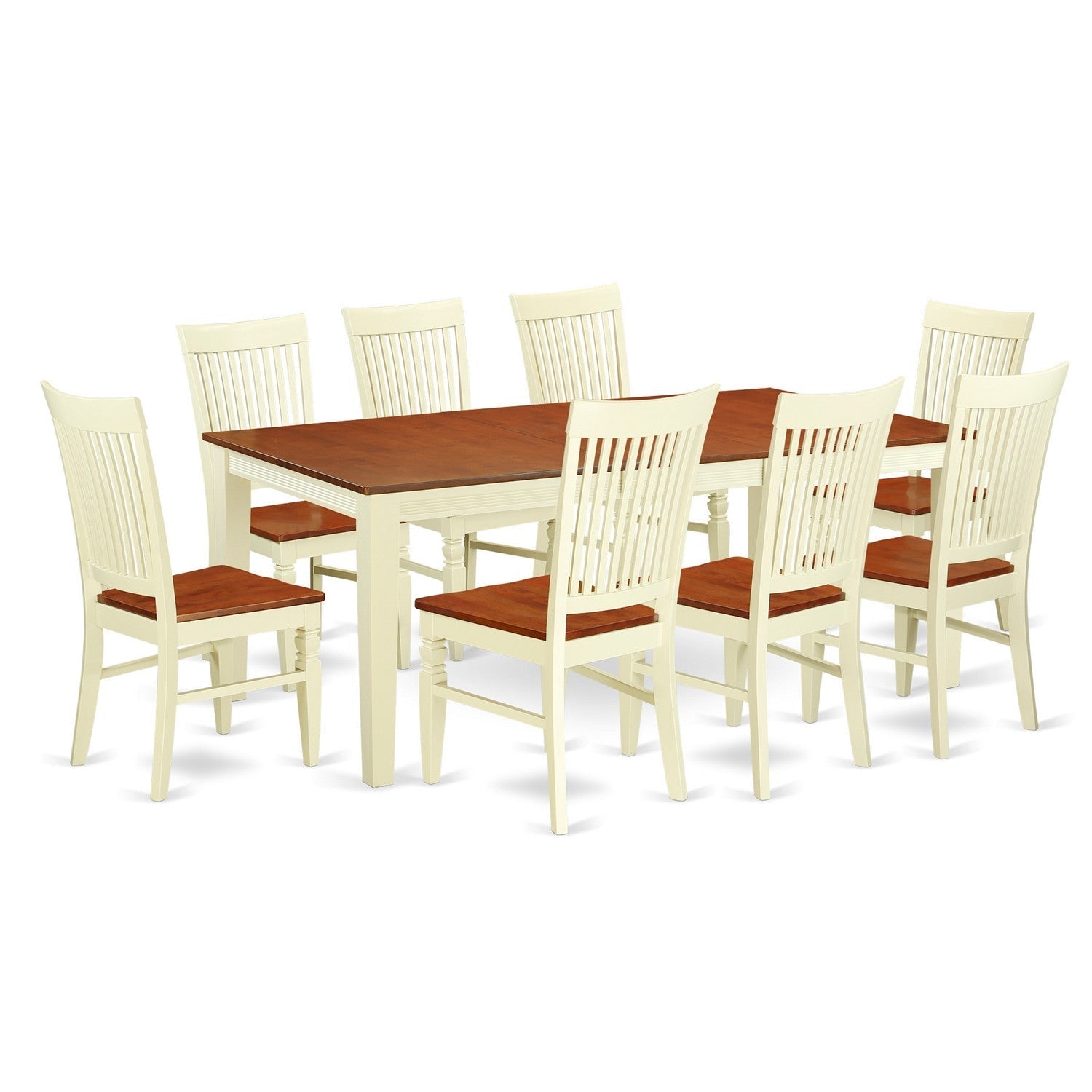QUWE9-BMK-W 9 Pc set with a Round Dinette Table and 8 Wood Seat Kitchen Chairs in Buttermilk and Cherry