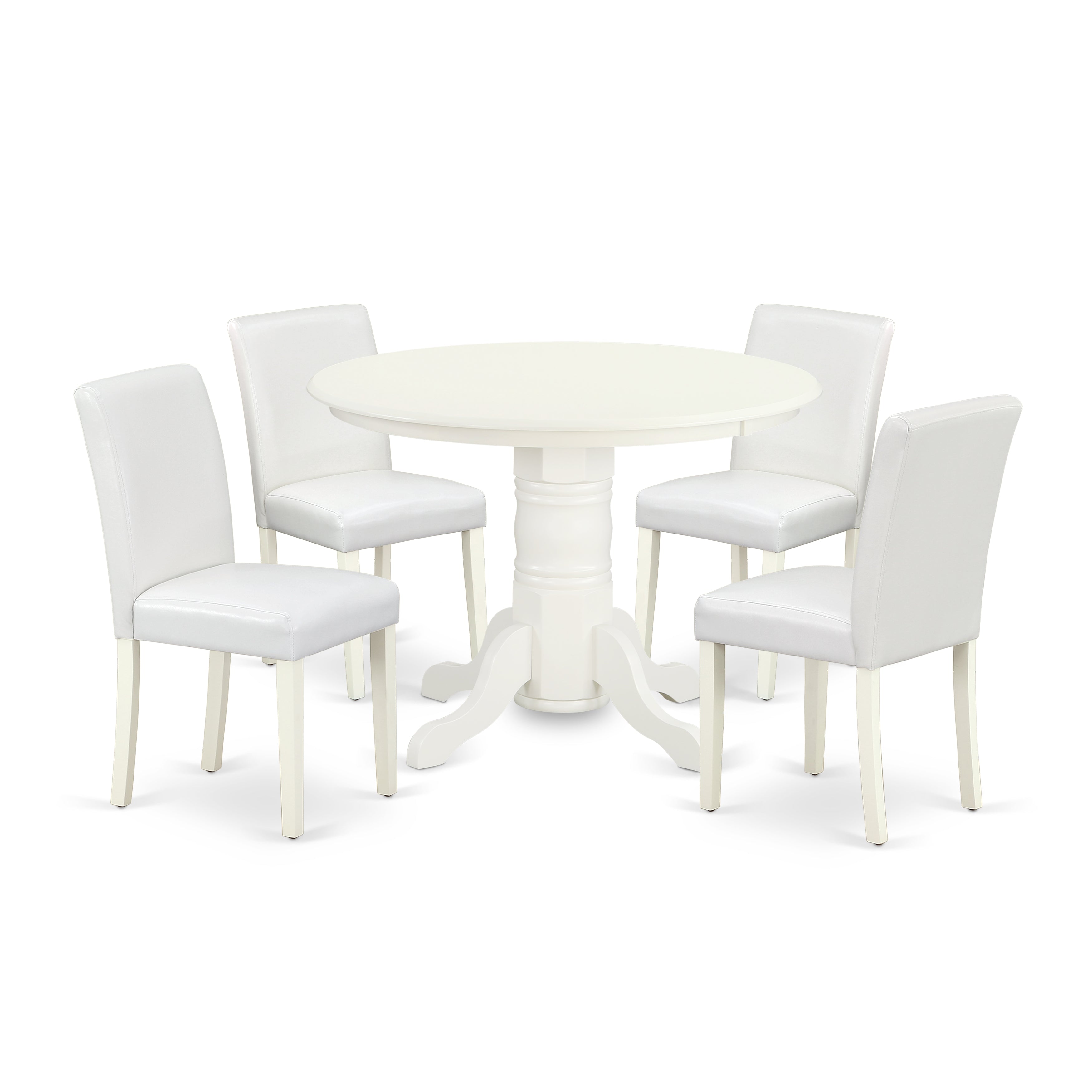 SHAB5-LWH-64 5Pc Rounded 42 Inch Dining Table And Four Parson Chair With Linen White Leg And Pu Leather Color White
