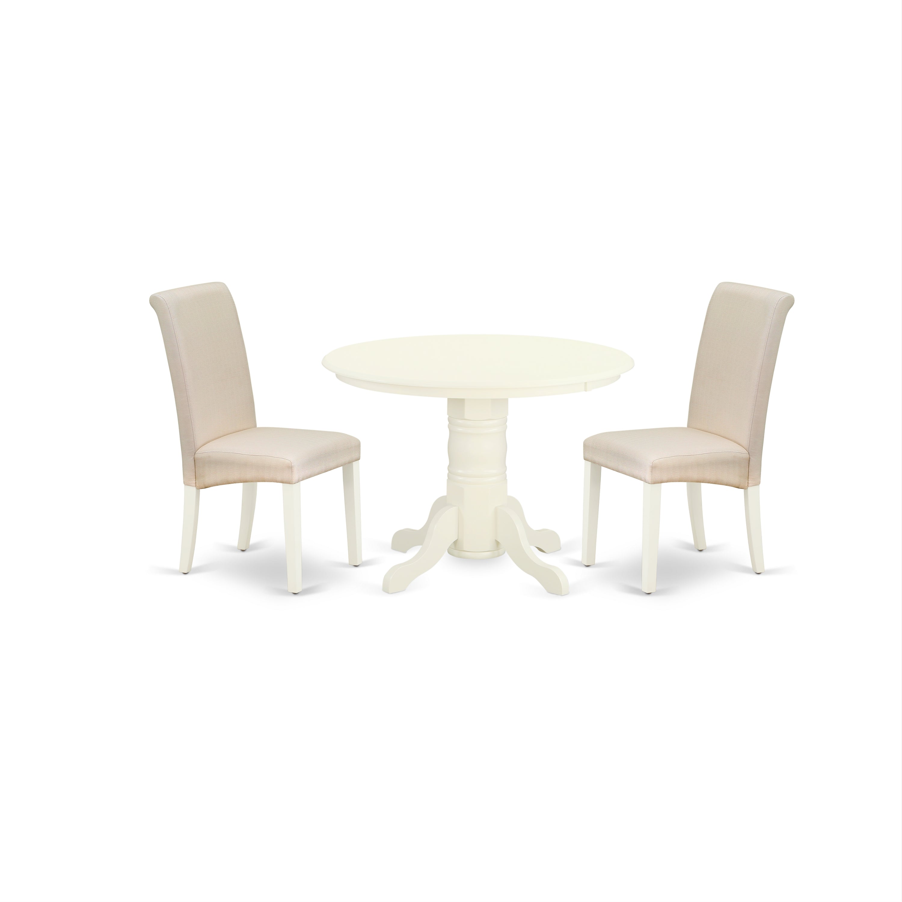 Juego de mesa de cocina de 3 piezas East West Furniture SHBA3-WHI-01. Incluye una mesa de comedor redonda con pedestal y dos sillas tapizadas en tela de lino color crema.