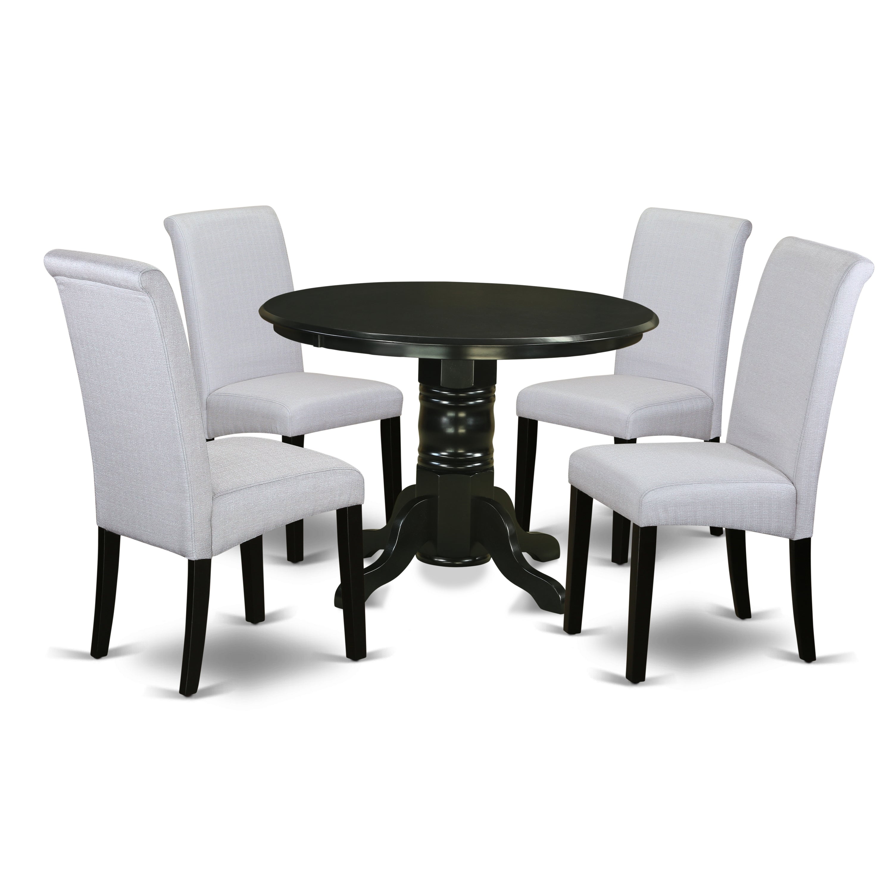 SHBA5-BLK-05 5Pc Small Round table with linen grayish blue fabric Parson chairs with black chair legs