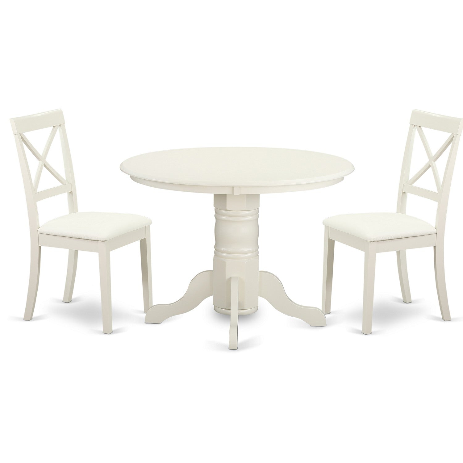 SHBO3-LWH-LC 3 Piece Sudbury Set-One Round Table And 2 Chairs With Faux Leather Seat In Linen White Finish.