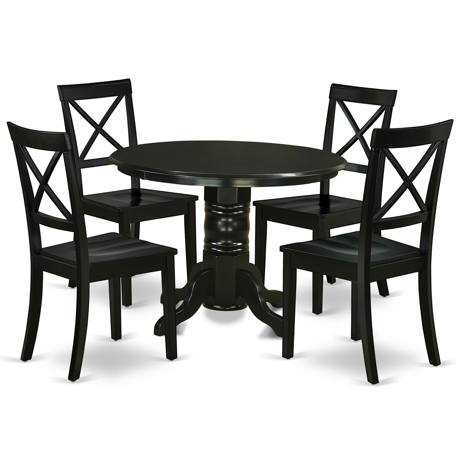 Juego de comedor de 5 piezas East West Furniture SHBO5-BLK-W Incluye una mesa de cocina redonda con pedestal y 4 sillas de comedor