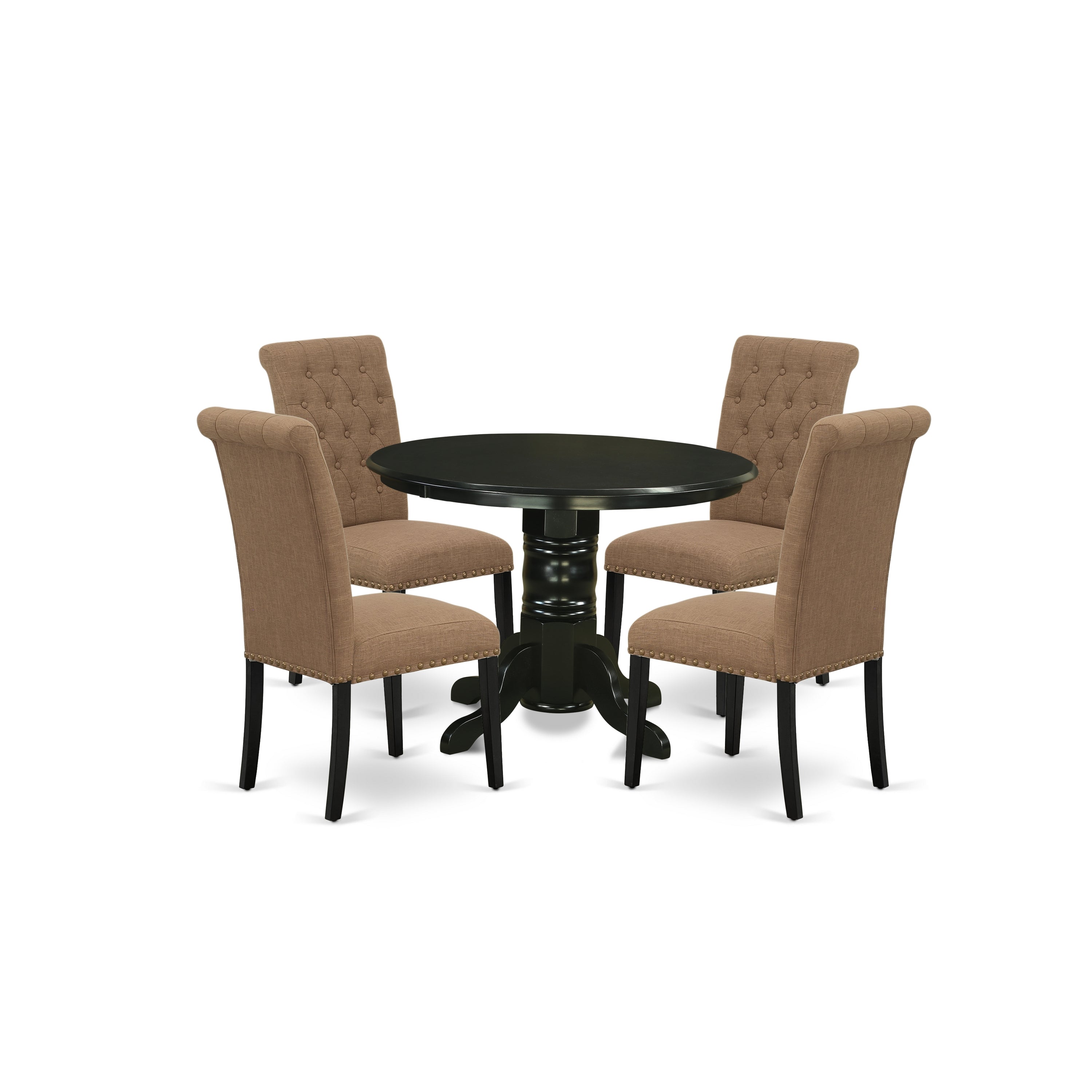 SHBR5-BLK-17 5Pc Dining Set Includes a Round Dining Room Table and Four Parson Chairs with Light Sable Fabric, Black Finish