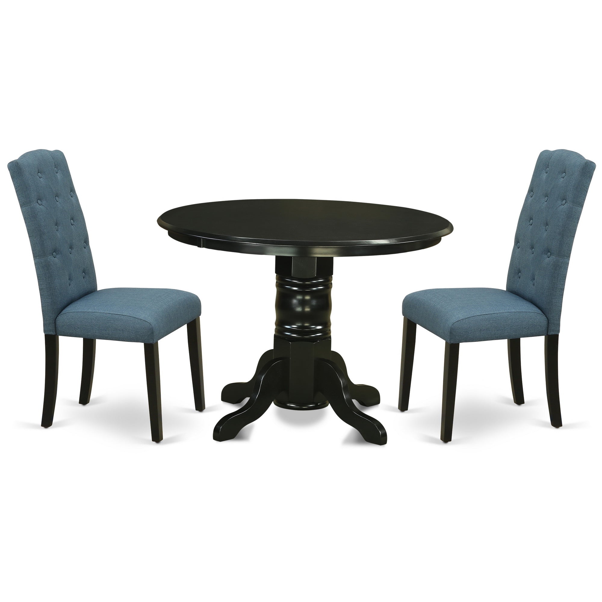 Juego de mesa de comedor moderna de 3 piezas East West Furniture SHCE3-BLK-21. Incluye una mesa de cocina redonda con pedestal y 2 sillas de comedor Parson de tela de lino azul mineral.