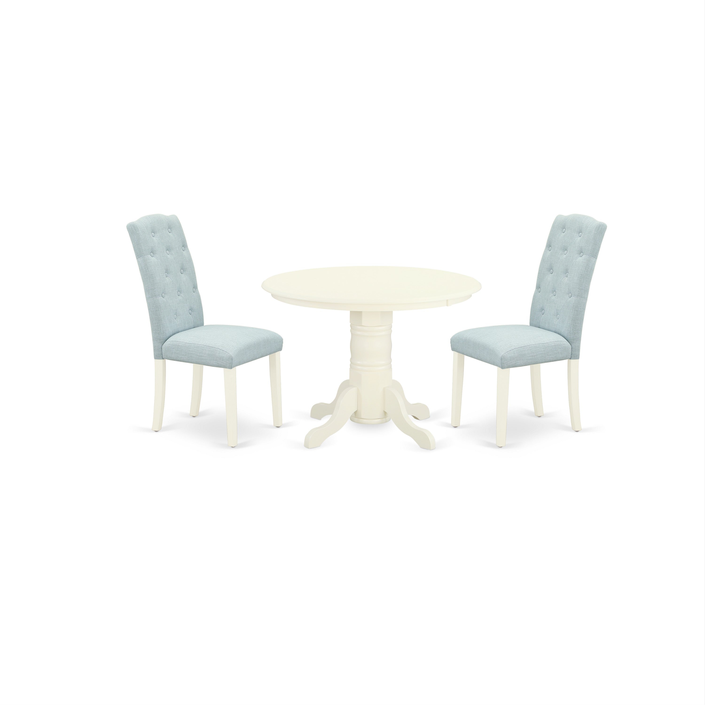 SHCE3-WHI-15 3Pc Dinette Set Includes a Round Dining Room Table and Two Parson Chairs with Baby Blue Fabric, White Finish