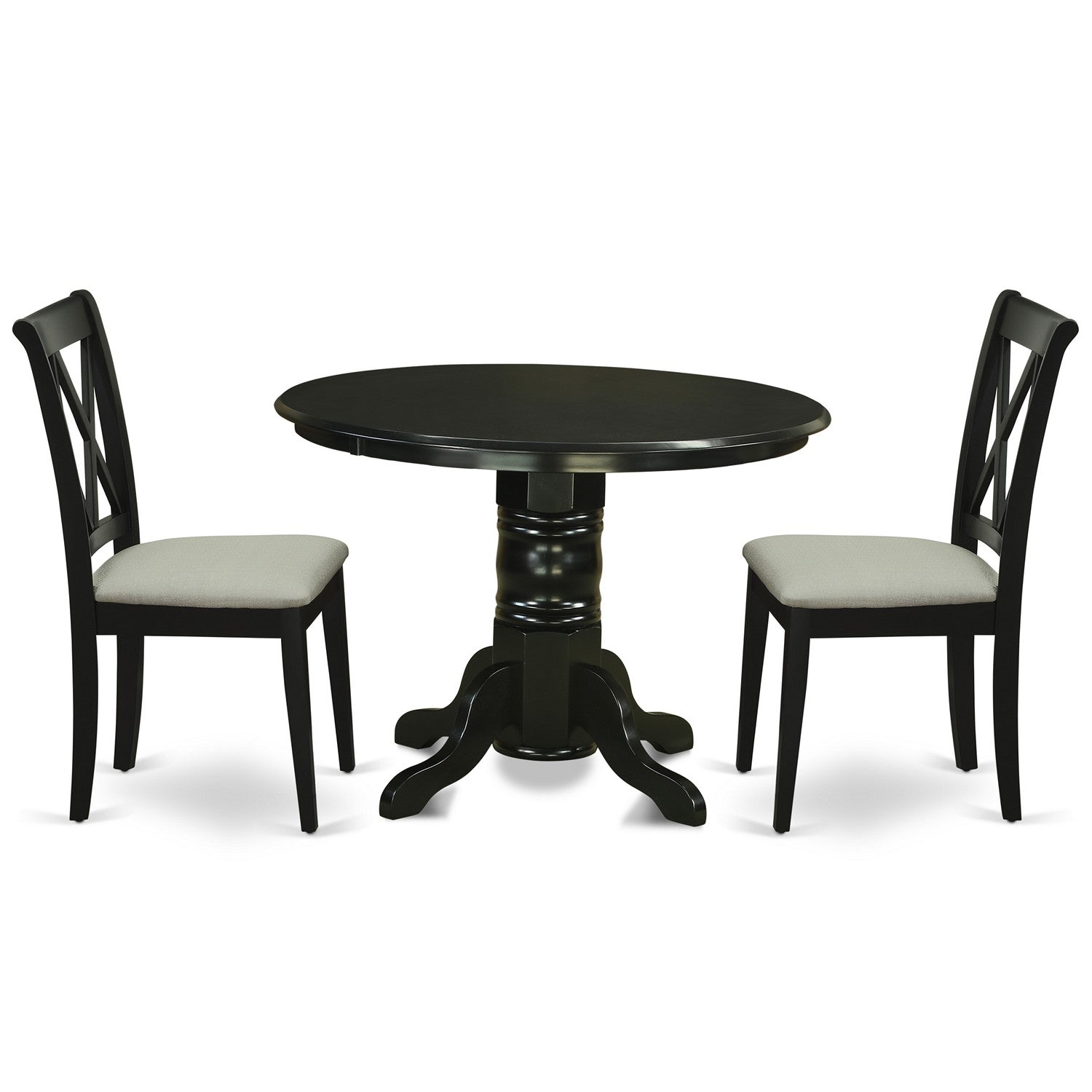 SHCL3-BLK-C 3Pc Dinette Set Includes a Round Dining Room Table and Two Double X Back Linen Seat Dining Chairs, Black Finish