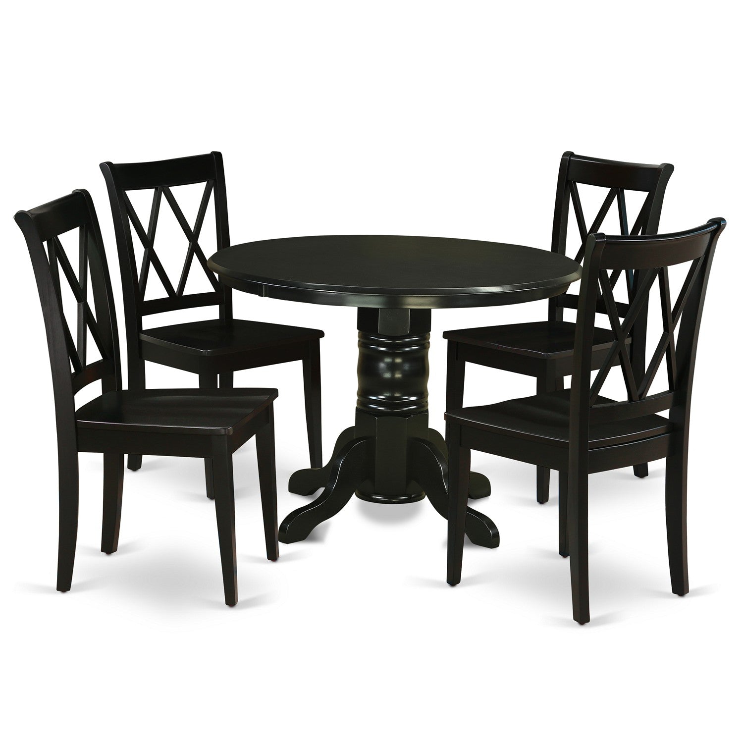 SHCL5-BLK-W 5Pc Round 42 Inch Family Table And Four Wood Seat Dining Chairs