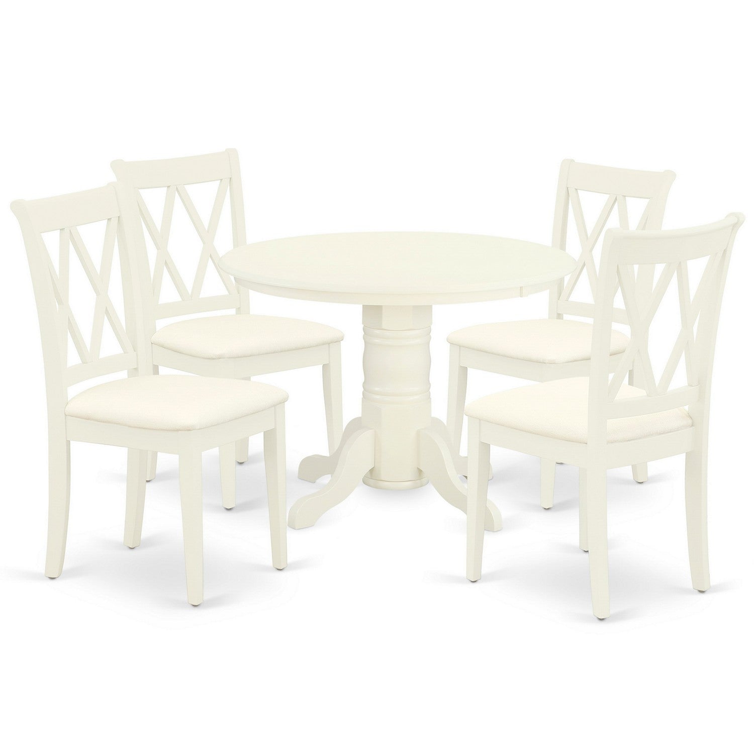 SHCL5-WHI-C 5Pc Dining Set Includes a Round Dining Room Table and Four Double X Back Linen Seat Kitchen Chairs, White Finish