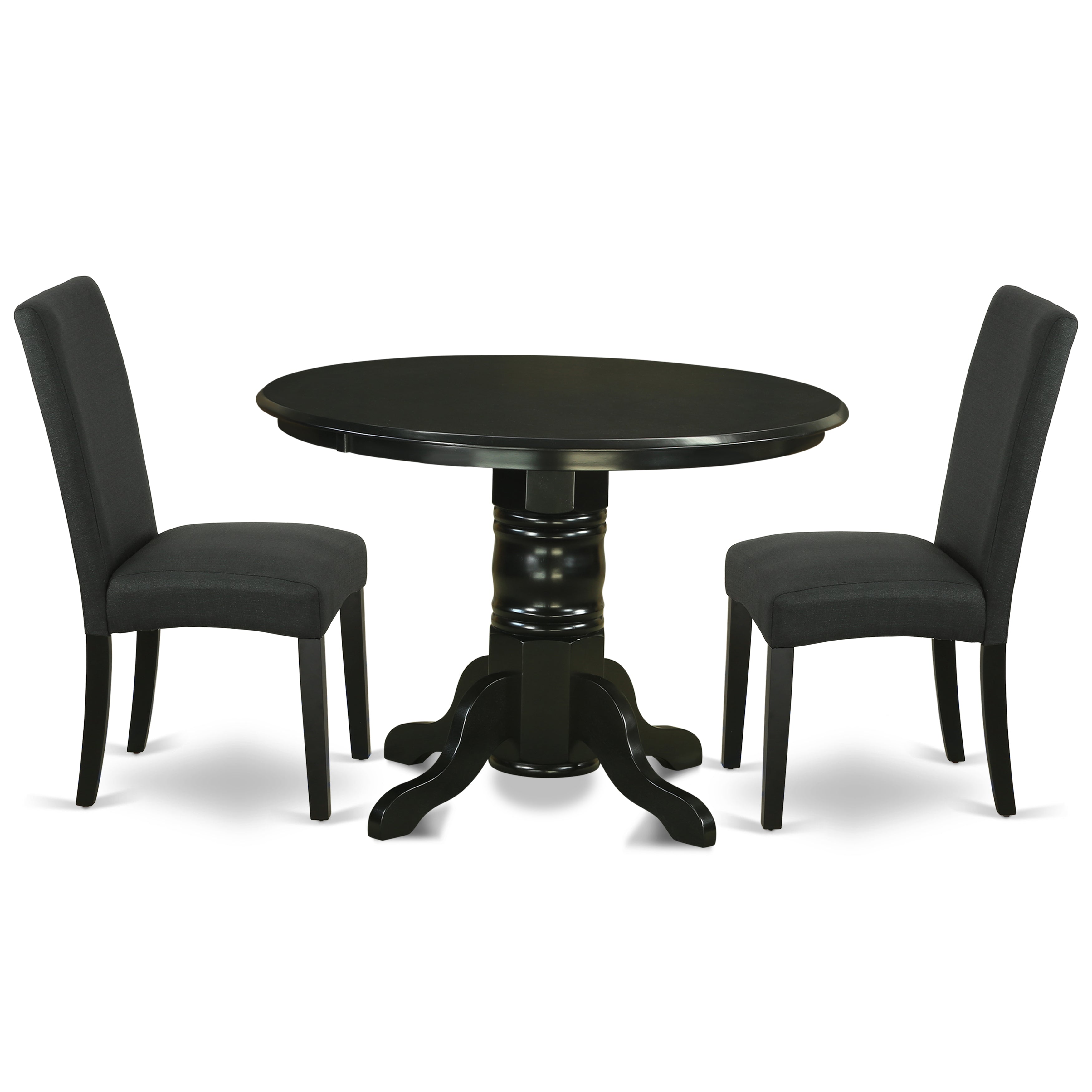 SHDR3-BLK-24 3Pc Round 42 Inch Dining Room Table And A Pair Of Parson Chair With Black Finish Leg And Linen Fabric- Black Color
