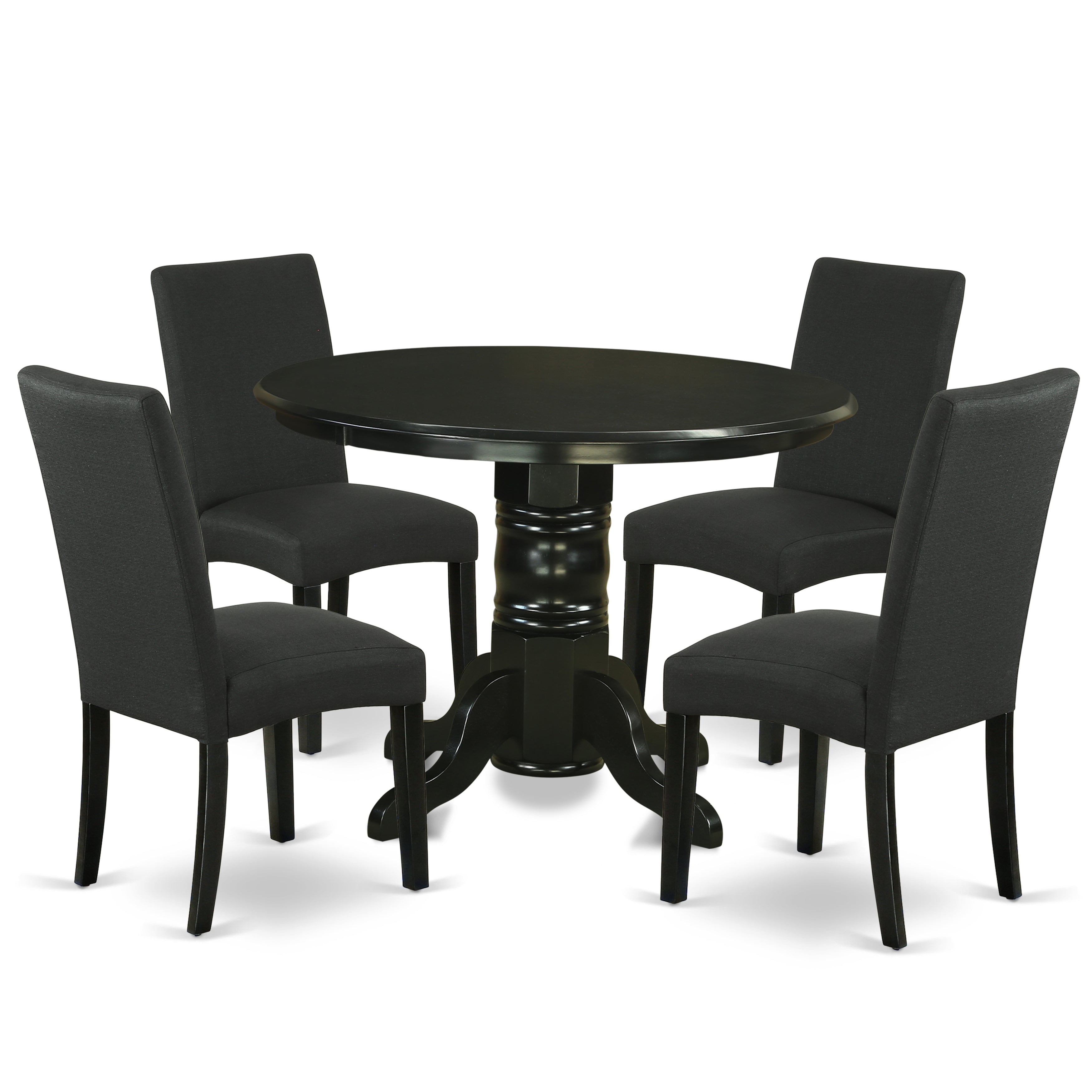 SHDR5-BLK-24 5Pc Rounded 42 Inch Dining Table And Four Parson Chair With Black Finish Leg And Linen Fabric- Black Color