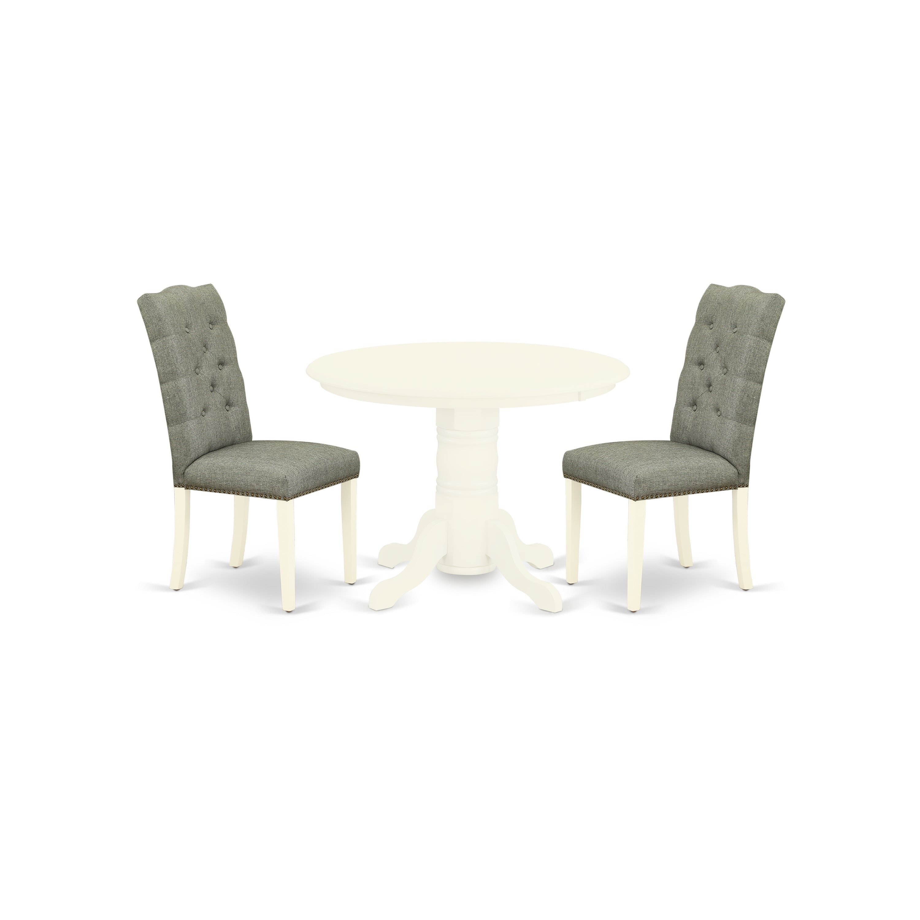 East West Furniture SHEL3-WHI-07 3-Pc Kitchen Dinette Set Included a Round Kitchen Table & 2 Parson Chairs, Smoke Linen Fabric Parson Dining Chairs Seat with Rubber Wood Legs, Linen White Finish