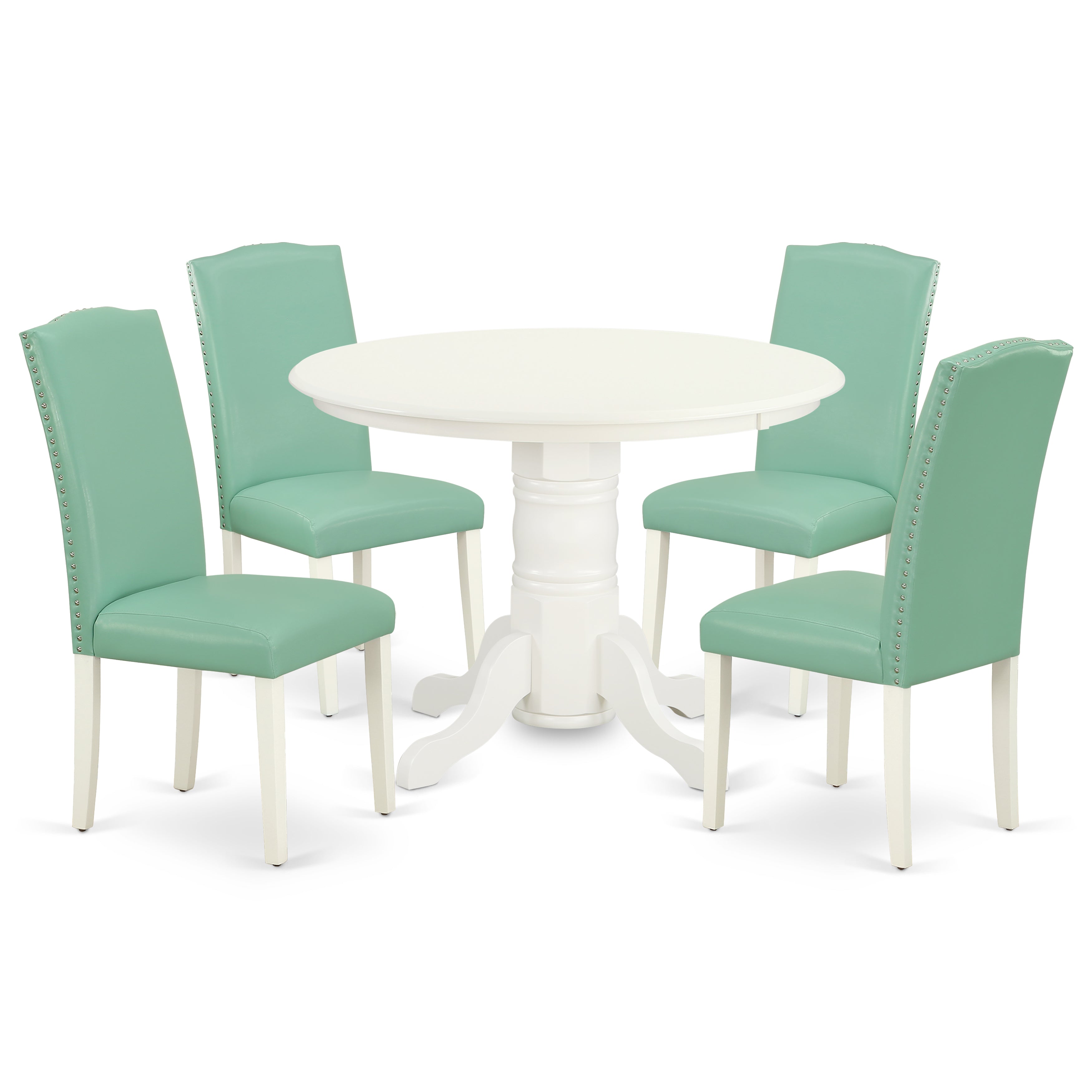 SHEN5-LWH-57 5Pc Rounded 42 Inch Dining Table And Four Parson Chair With Linen White Leg And Pu Leather Color Pond
