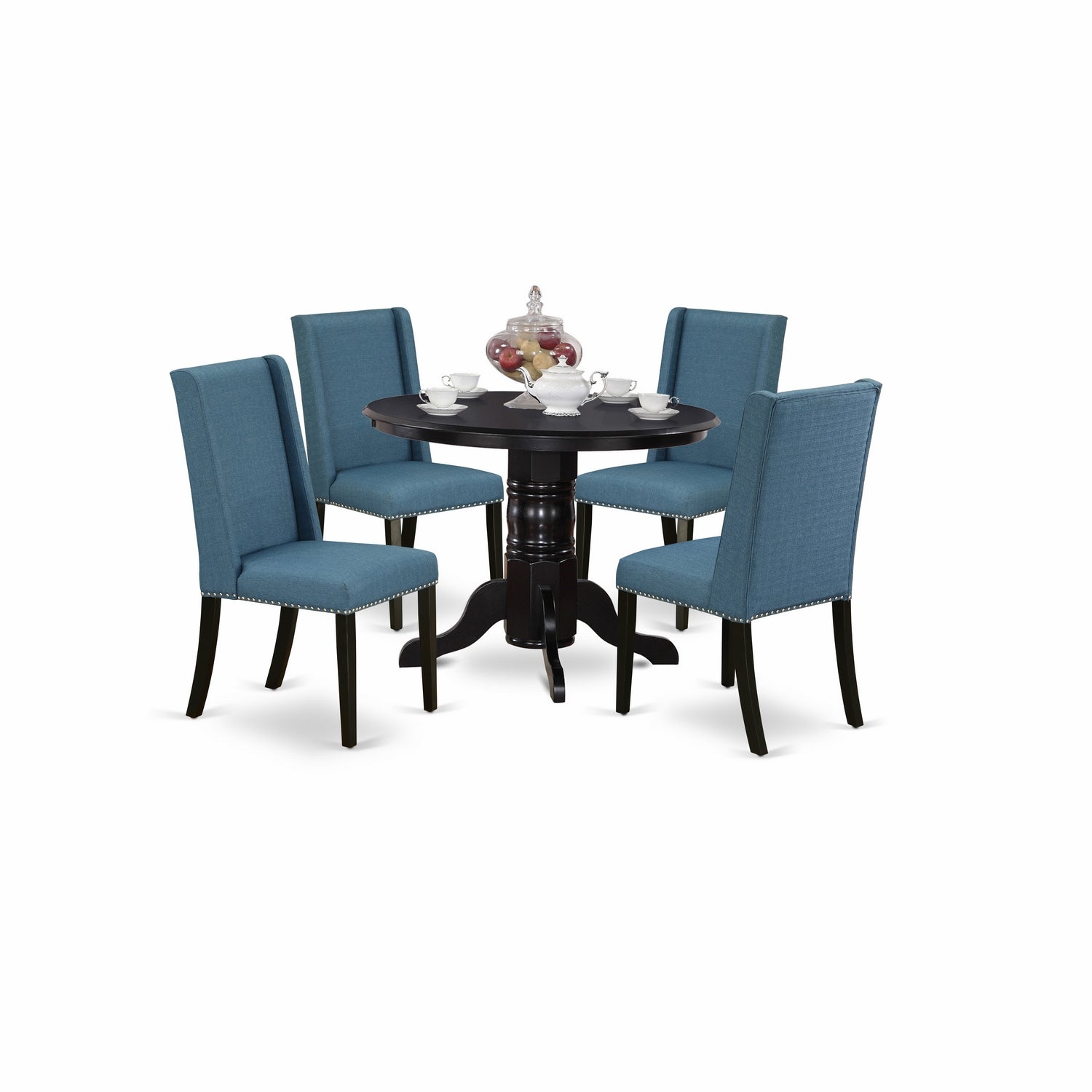 El juego de mesa de comedor de 5 piezas East West Furniture SHFL5-BLK-21 incluye una mesa de cocina redonda con pedestal y 4 sillas de comedor Parson de tela de lino azul.