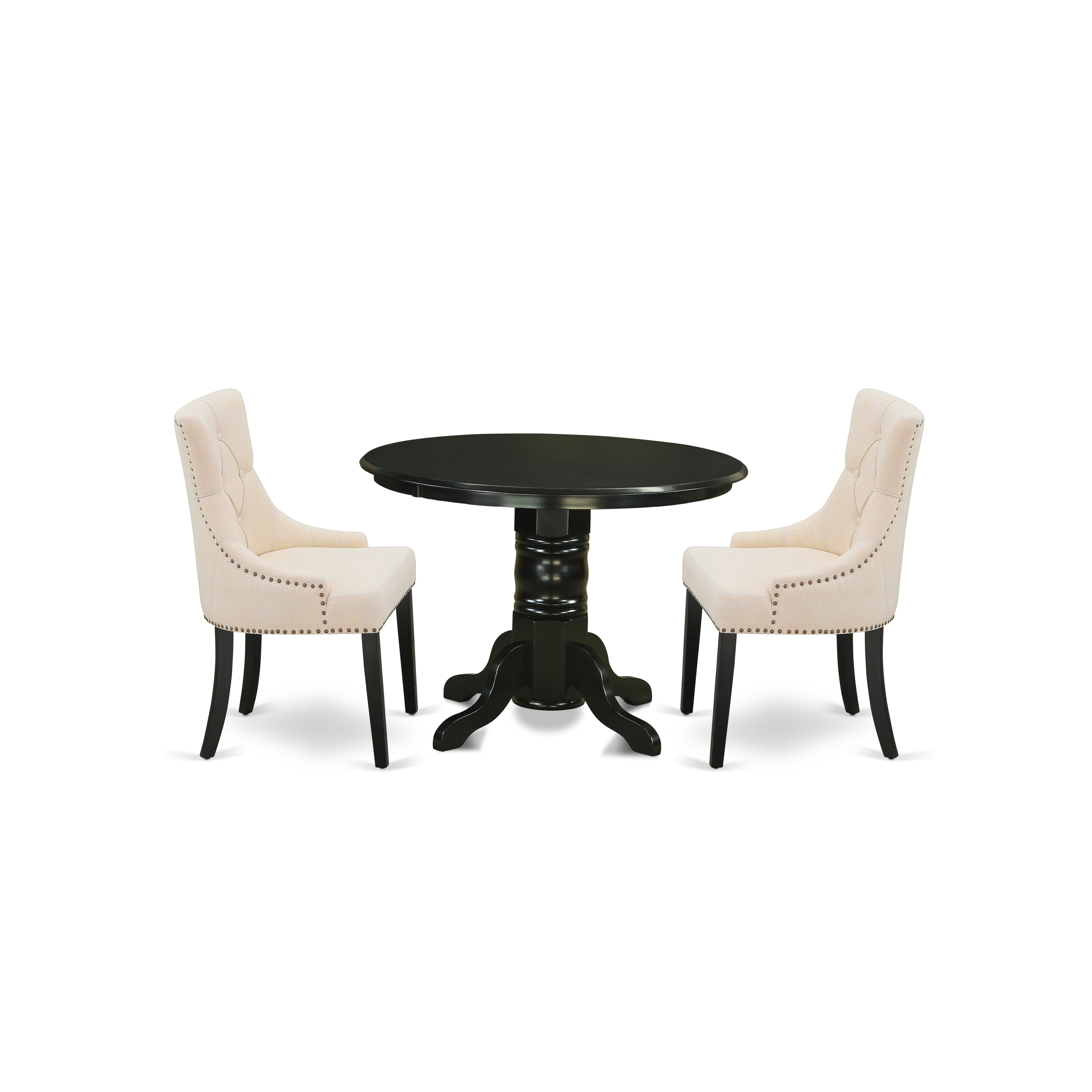 SHFR3-BLK-02 3Pc Dinette Set Includes a Round Dining Room Table and Two Parson Chairs with Light Beige Fabric, Black Finish