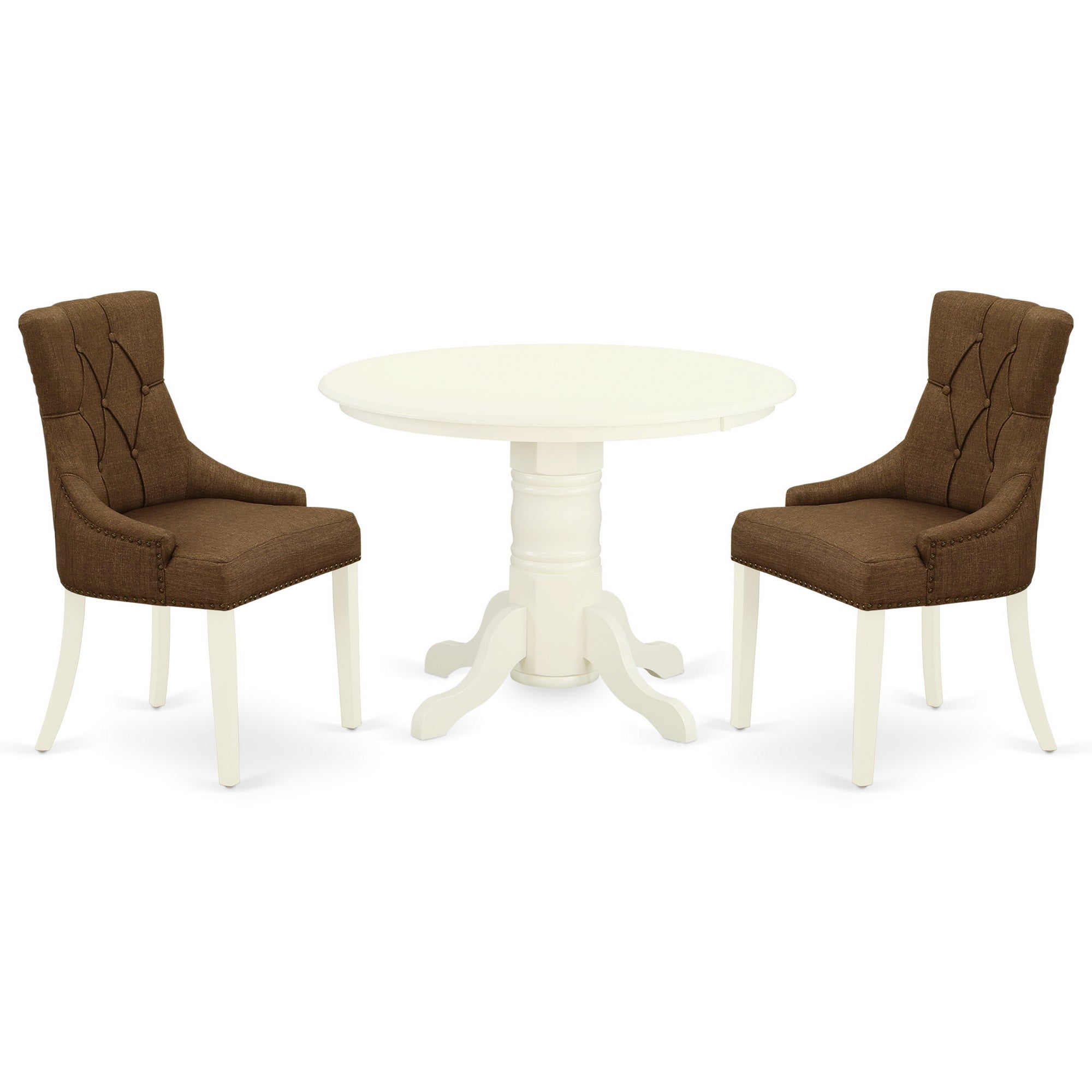 SHFR3-WHI-18 3Pc Dinette Set Includes a Round Dining Room Table and Two Parson Chairs with Dark Coffee Fabric, White Finish
