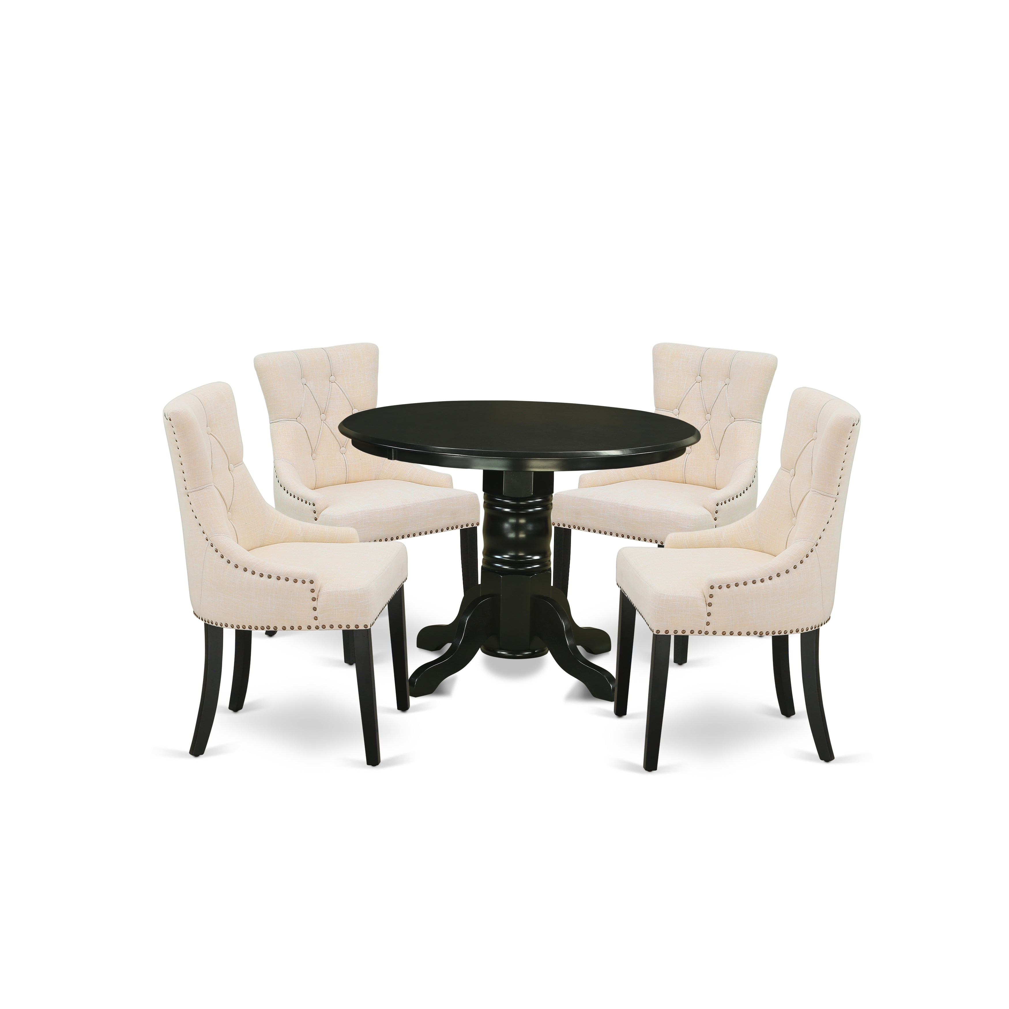 SHFR5-BLK-02 5Pc Dining Set Includes a Round Dining Room Table and Four Parson Chairs with Light Beige Fabric, Black Finish