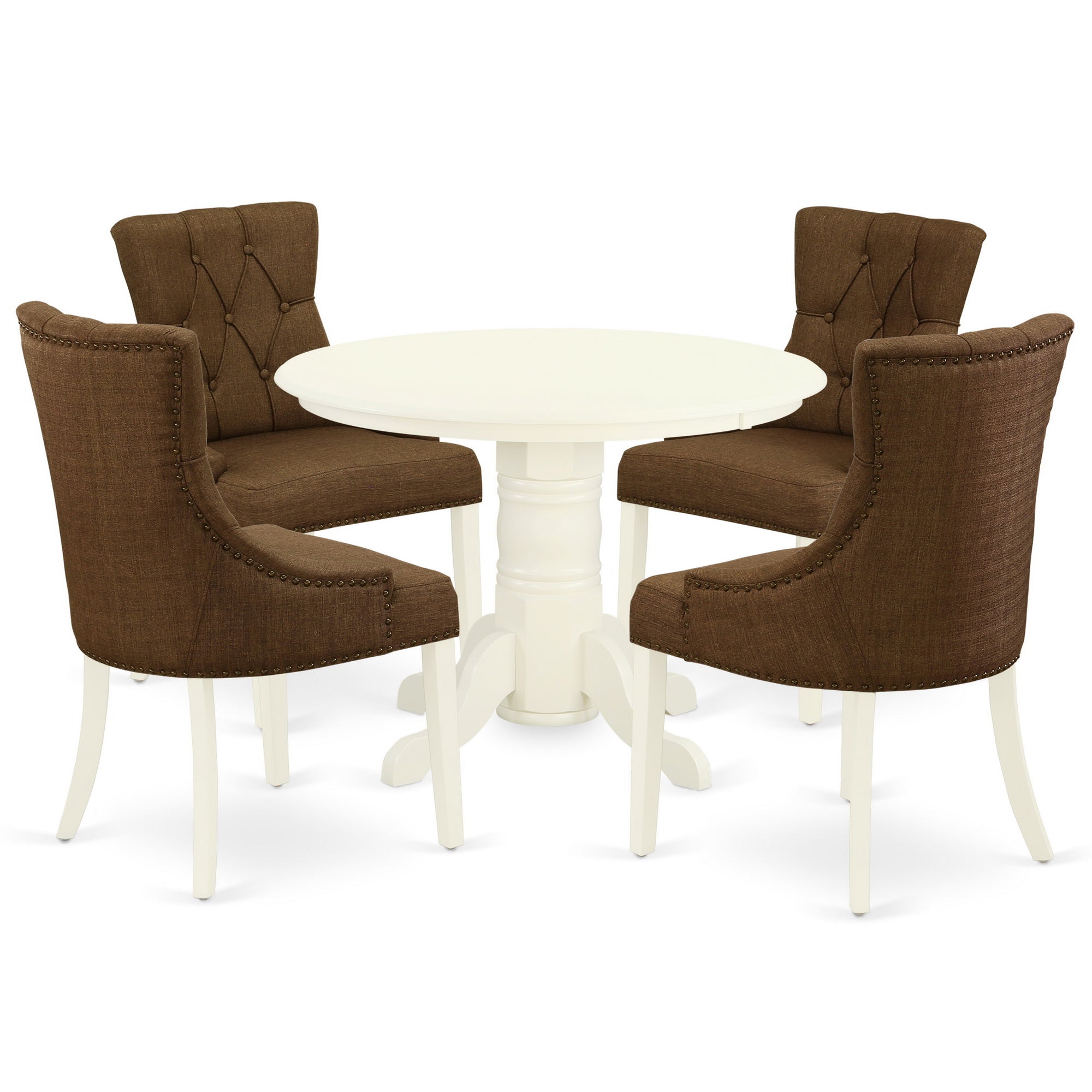 SHFR5-WHI-18 5Pc Dining Set Includes a Round Dining Room Table and Four Parson Chairs with Dark Coffee Fabric, White Finish
