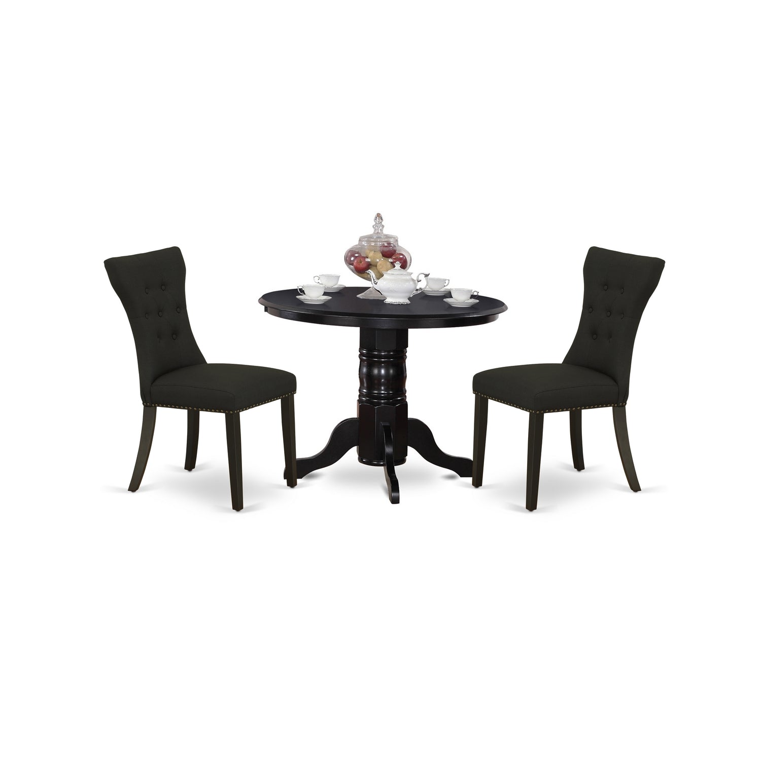 East West Furniture SHGA3-BLK-24 3-Piece Kitchen Table Set Included a Round Kitchen Table & 2 Dining Room Chairs, Black Linen Fabric Modern Dining Chairs Seat with Rubber Wood Legs, Black Finish