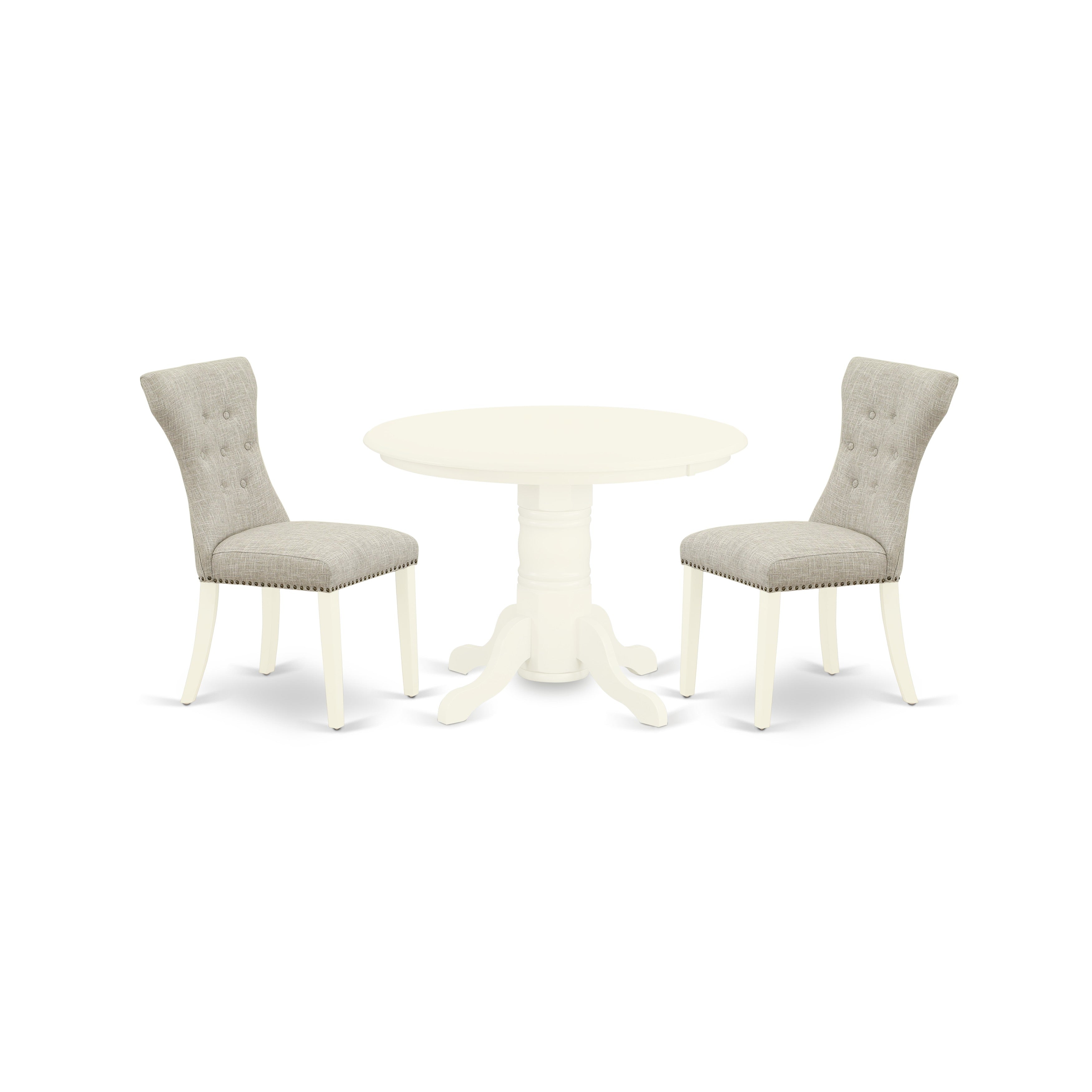 East West Furniture SHGA3-WHI-35 3-Pc Kitchen Table Set Included a Round Dinner Table & 2 Parson Chairs, Doeskin Linen Fabric Parsons Dining Chairs Seat with Rubber Wood Legs, Linen White Finish