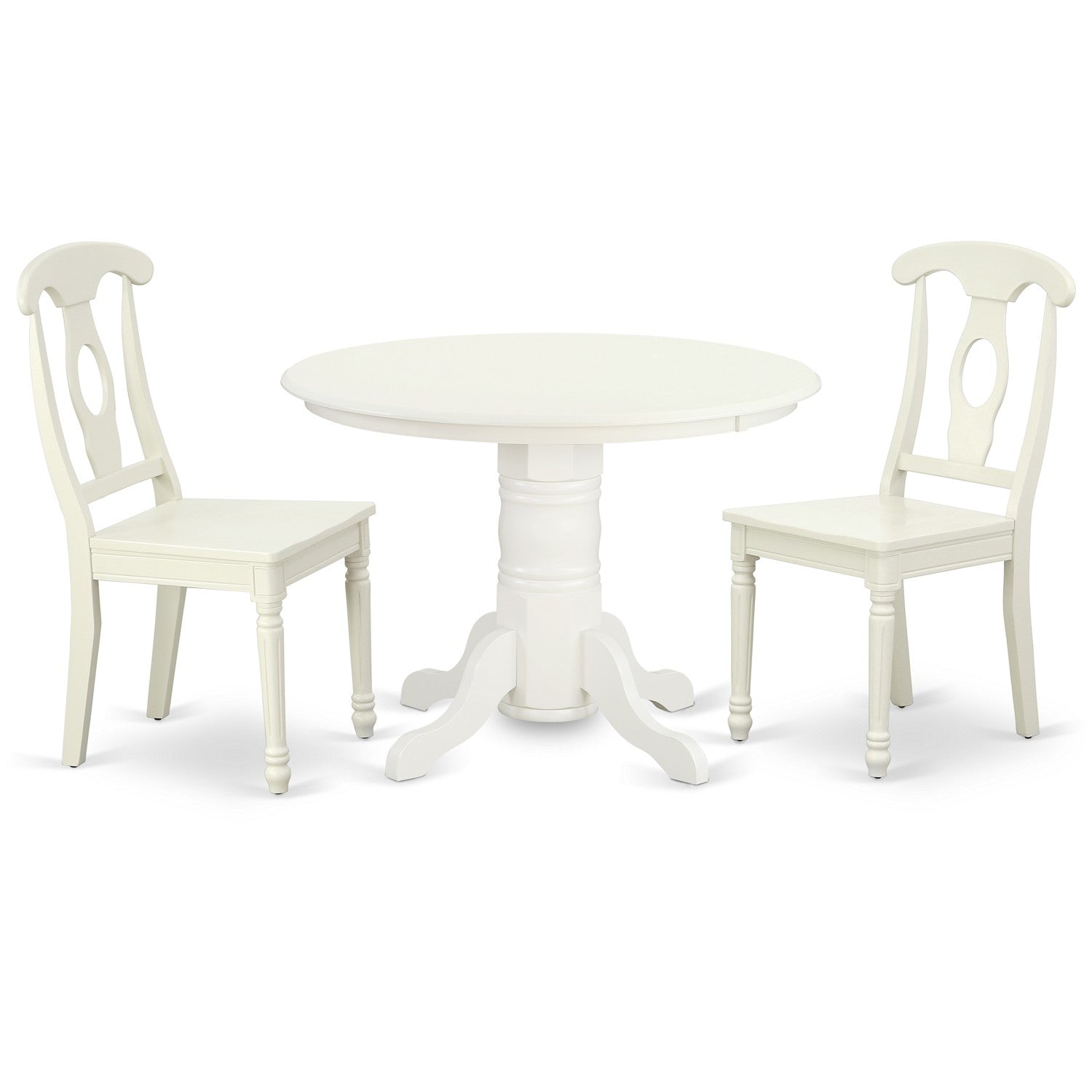 Juego de mesa de cocina de 3 piezas East West Furniture SHKE3-LWH-W para espacios pequeños. Contiene una mesa de comedor redonda con pedestal y 2 sillas de comedor.