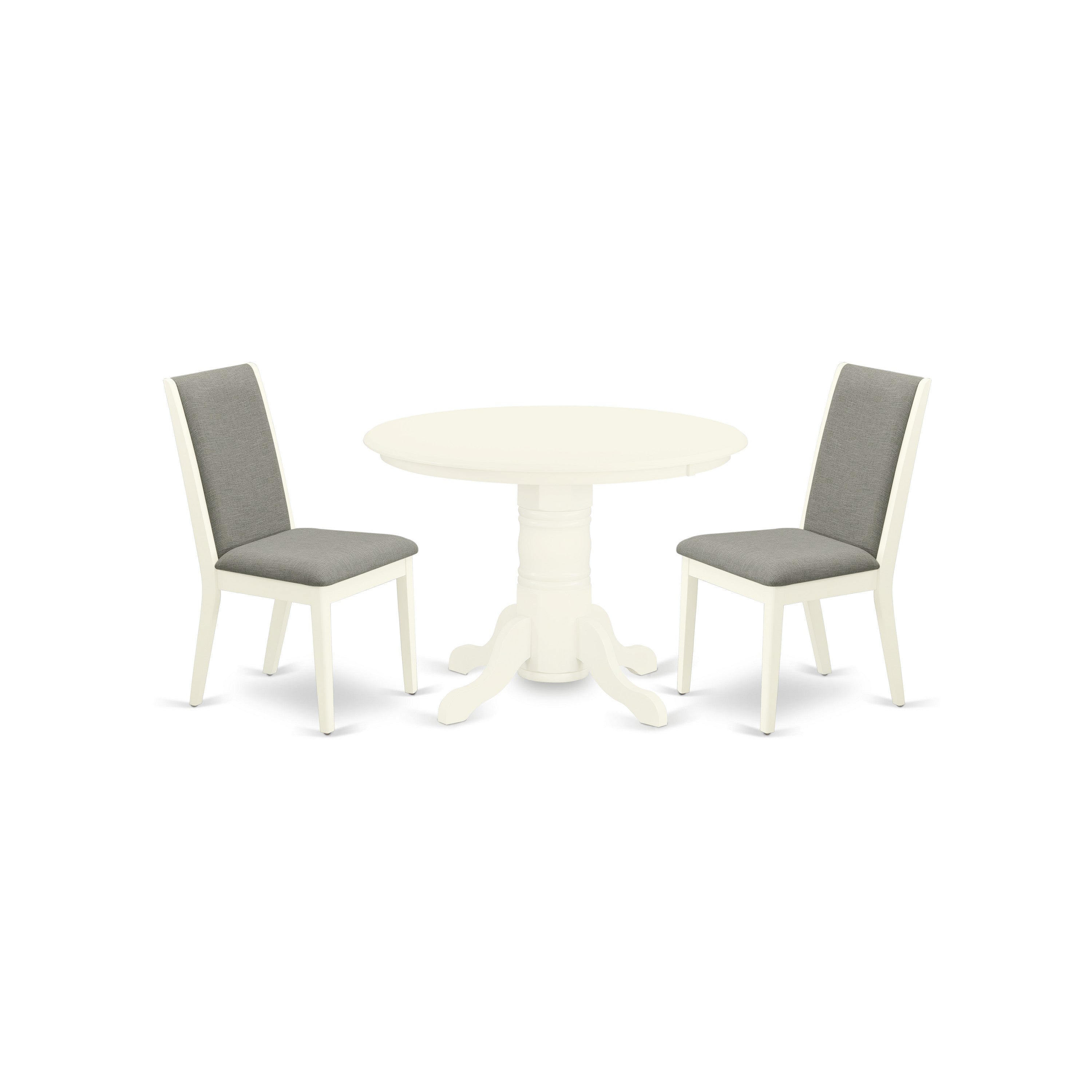 East West Furniture SHLA3-WHI-06 3-Pc Wood Dining Table Set Included a Round Dining Room Table & 2 Parsons Dining Chairs, Shitake Linen Fabric Parsons Dining Chairs Seat with Rubber Wood Legs, Linen White Finish