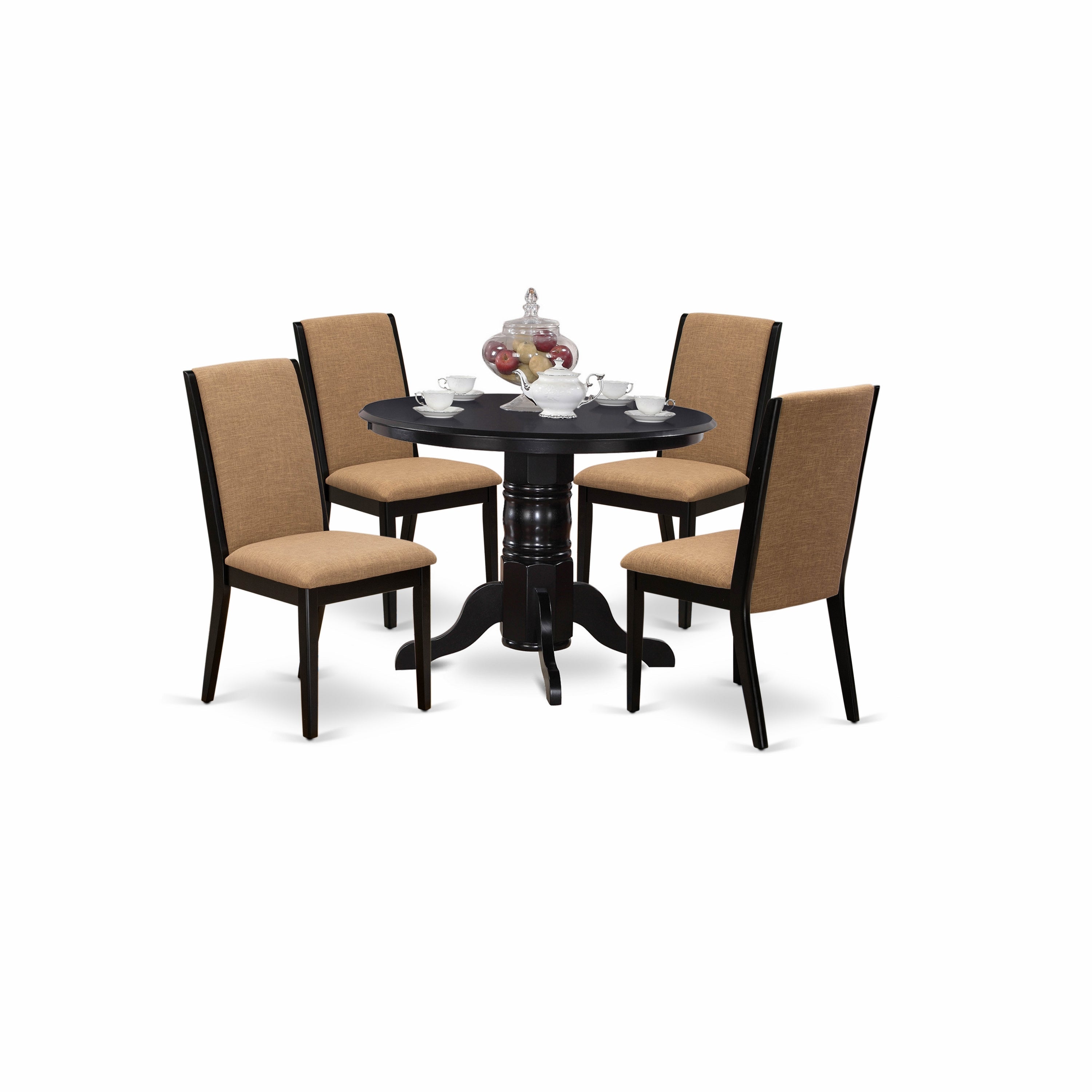 East West Furniture SHLA5-BLK-47 5-Piece Kitchen Table Set- 4 Parson Chairs and Round Kitchen Table Hardwood Structure -High Back & Black Finish