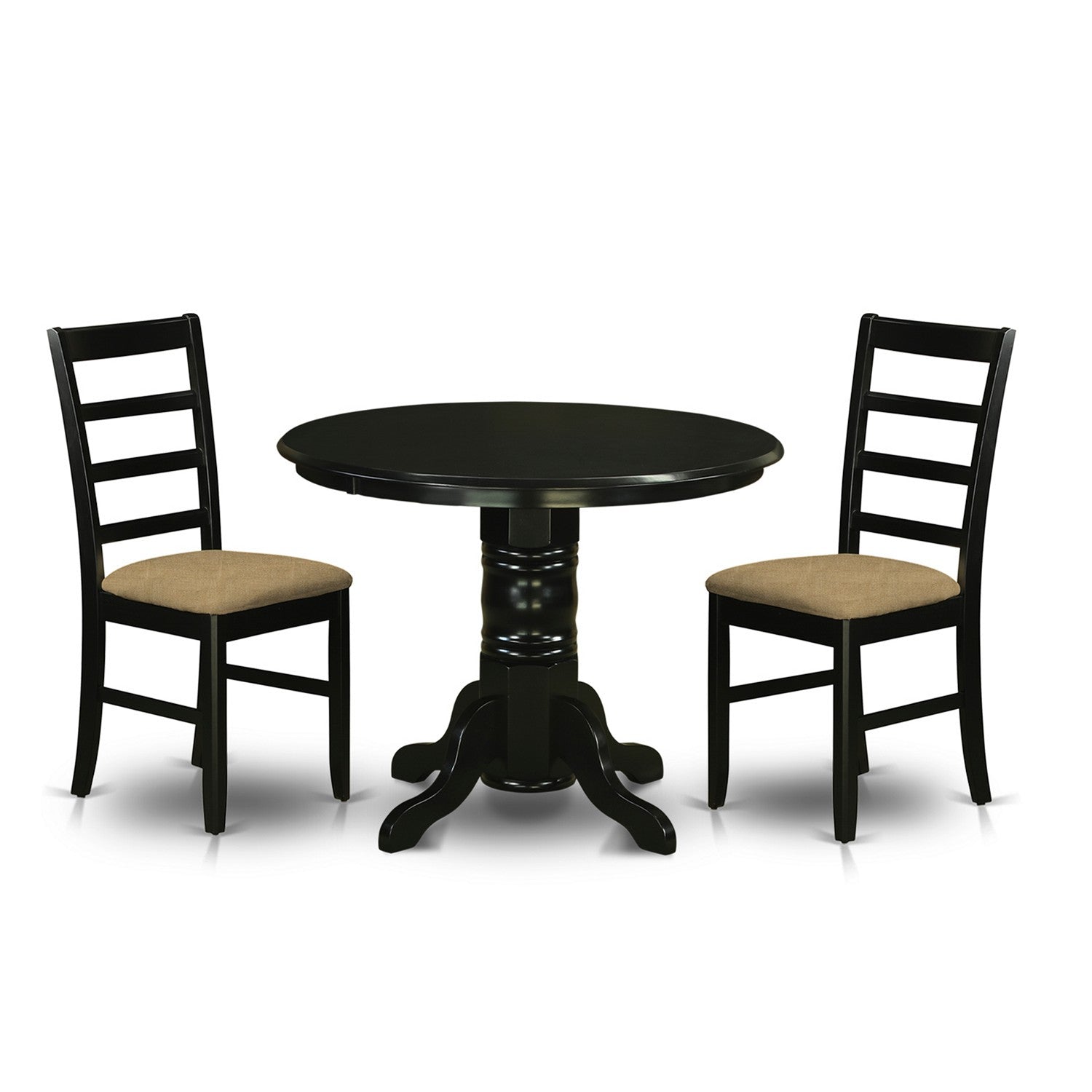 Juego de mesa de comedor de 3 piezas East West Furniture SHPF3-BLK-C para espacios pequeños. Contiene una mesa de cocina redonda con pedestal y 2 sillas de comedor de cocina de tela de lino.
