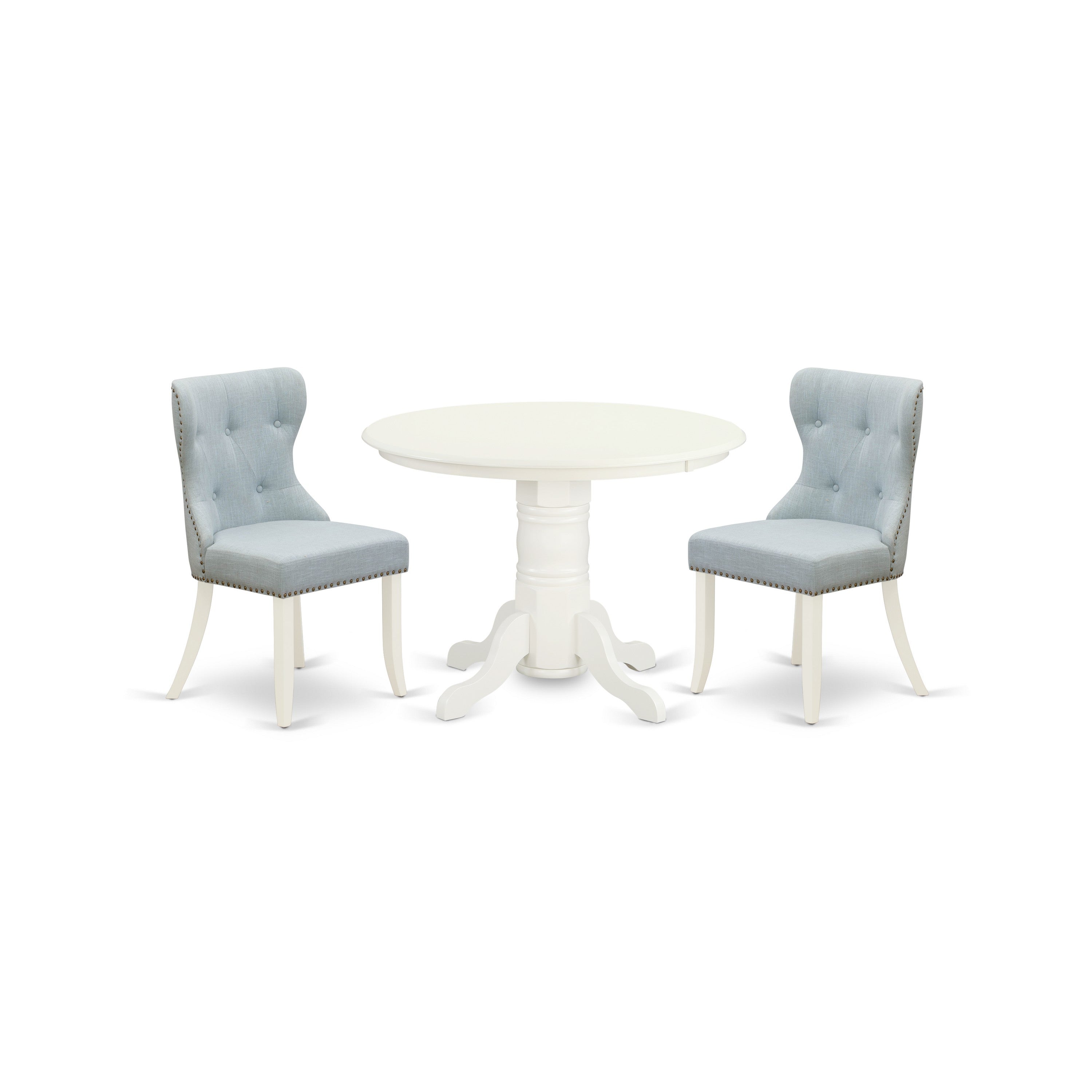 Juego de mesa de comedor de 3 piezas East West Furniture SHSI3-WHI-15. Incluye una mesa redonda de madera con pedestal y dos sillas tapizadas en tela de lino azul bebé.