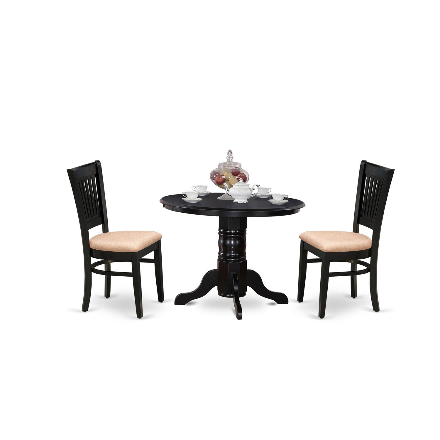 EAST WEST FURNITURE - SHVA3-BLK-C - 3-Pc Dining Room Table Set- 2 Dining Room Chair and Kitchen Table - Linen Fabric Seat and Slatted Chair Back (Black Finish)