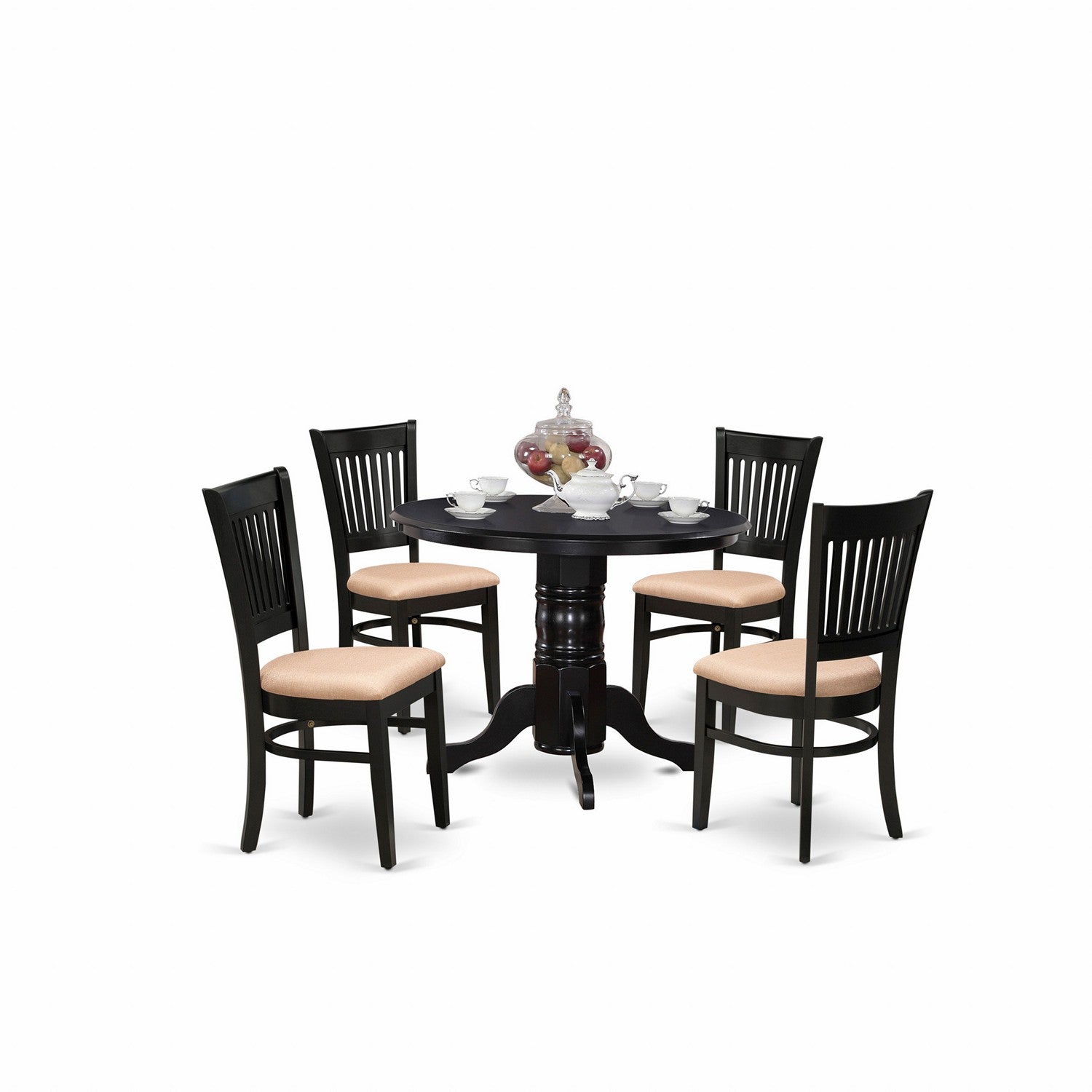 EAST WEST FURNITURE - SHVA5-BLK-C - 5-Pc Kitchen Dining Set- 4 Modern Dining Room Chair and Round Kitchen Table - Linen Fabric Seat and Slatted Chair Back (Black Finish)