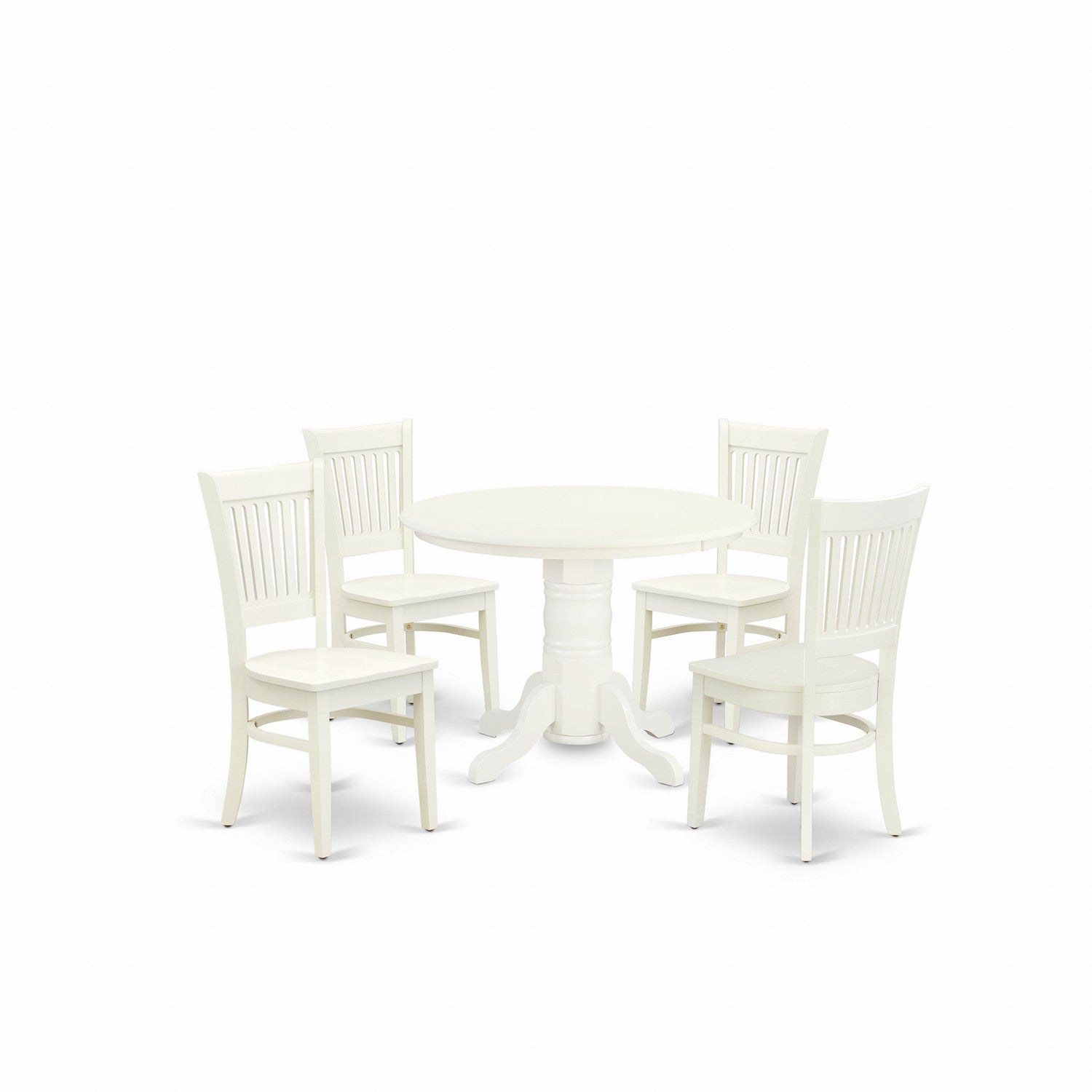 Juego de mesa y sillas de cocina de 5 piezas East West Furniture SHVA5-LWH-W. Incluye una mesa de comedor redonda con pedestal y 4 sillas con asiento de madera maciza.