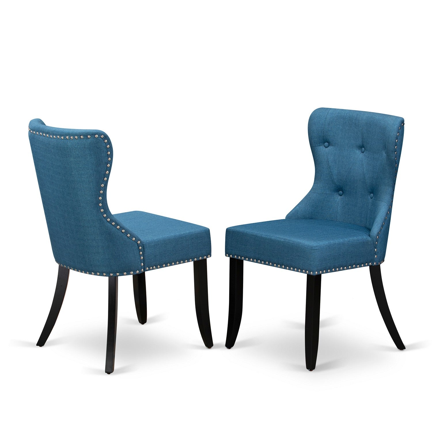 East West Furniture 9-Pc Dining Room Set- 8 Mid Century Dining Chairs with Blue Linen Fabric Seat and Button Tufted Chair Back - Rectangular Table top & Wooden Cross Legs - Cement and Black Finish