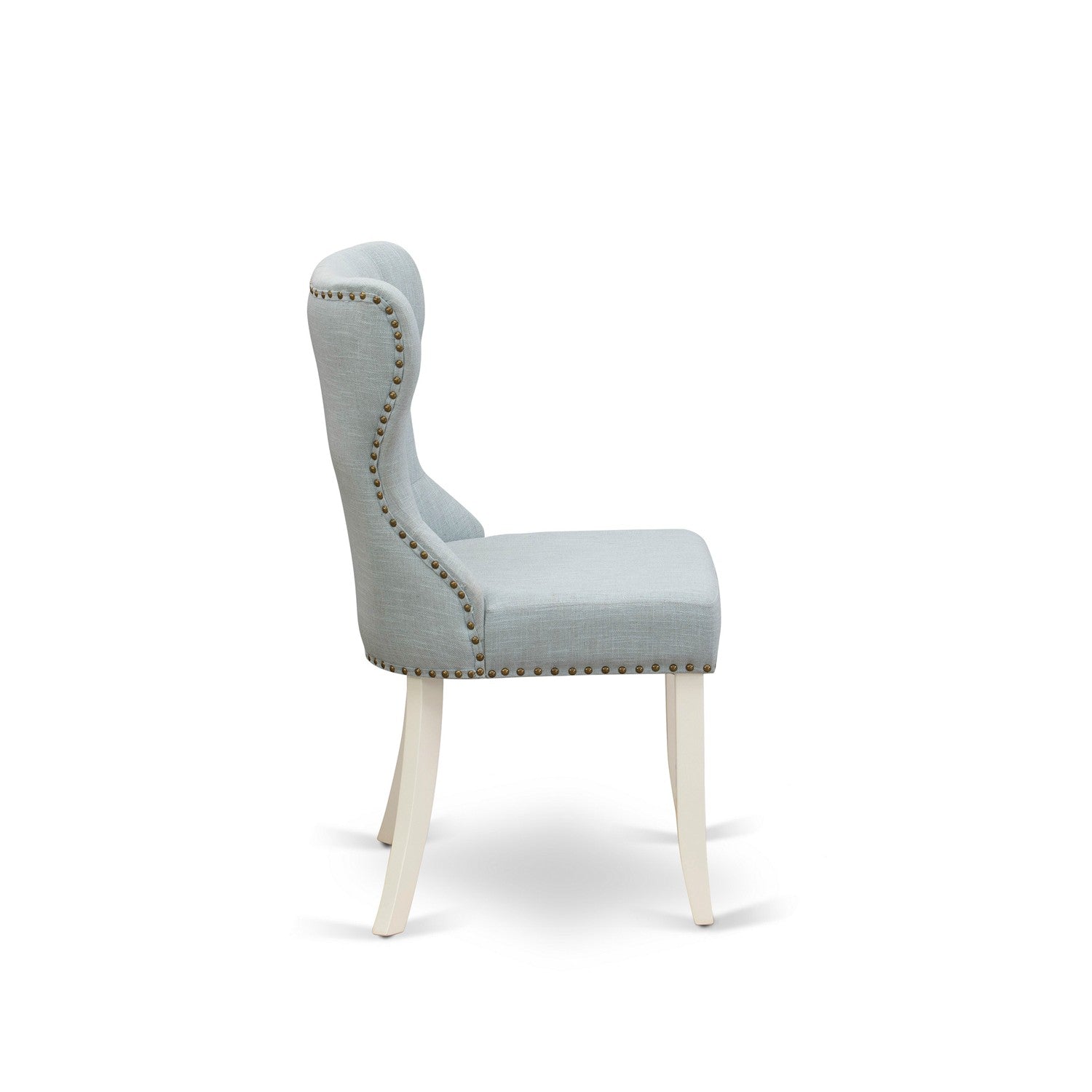 East West Furniture 7-Pc Dinette Set- 6 Parson Chairs with Baby Blue Linen Fabric Seat and Button Tufted Chair Back - Rectangular Table top & Wooden Cross Legs - Distressed Jacobean and linen white Finish