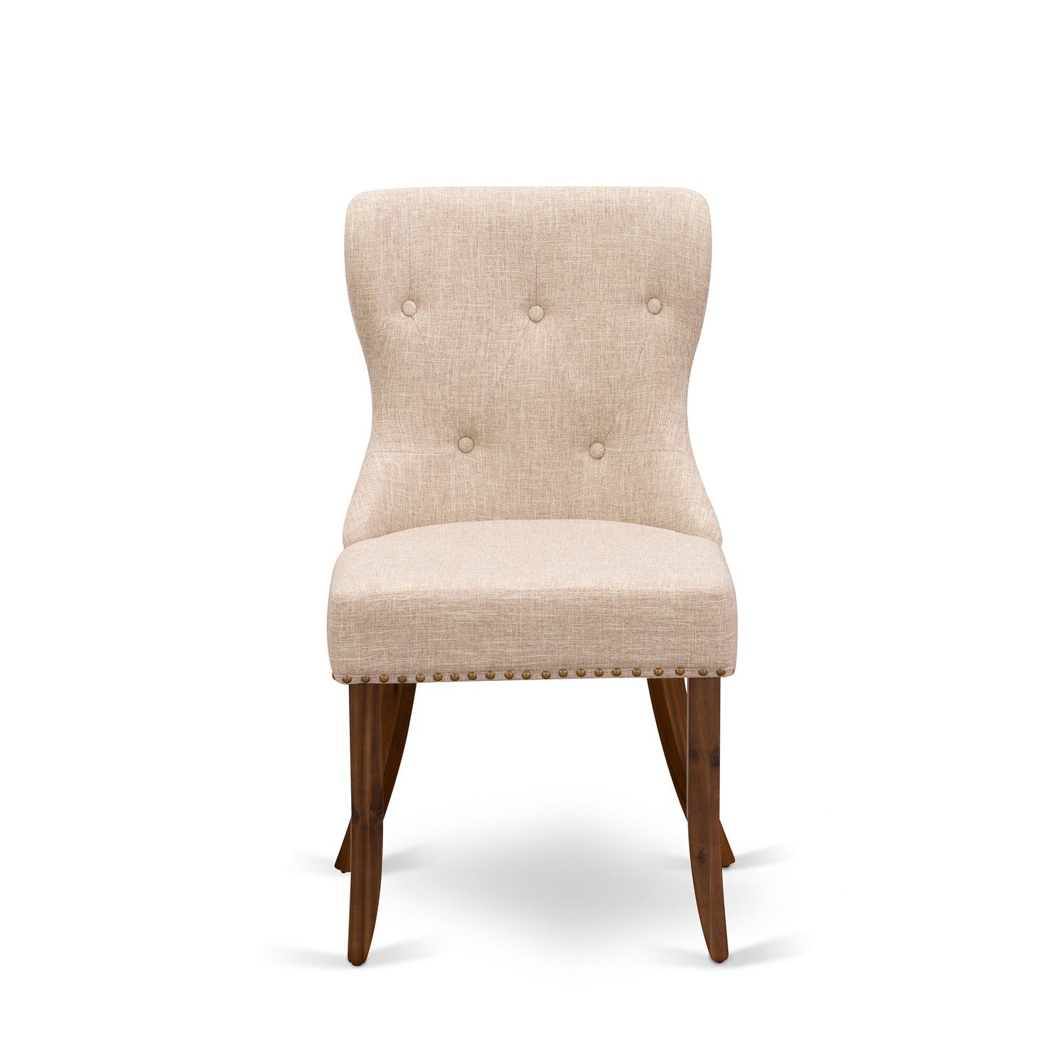 East West Furniture - Set of 2 - Wood Chairs- Upholstered Dining Chairs Includes Antique Walnut Hardwood Frame with Light Tan Linen Fabric Seat with Nail Head and Button Tufted Back