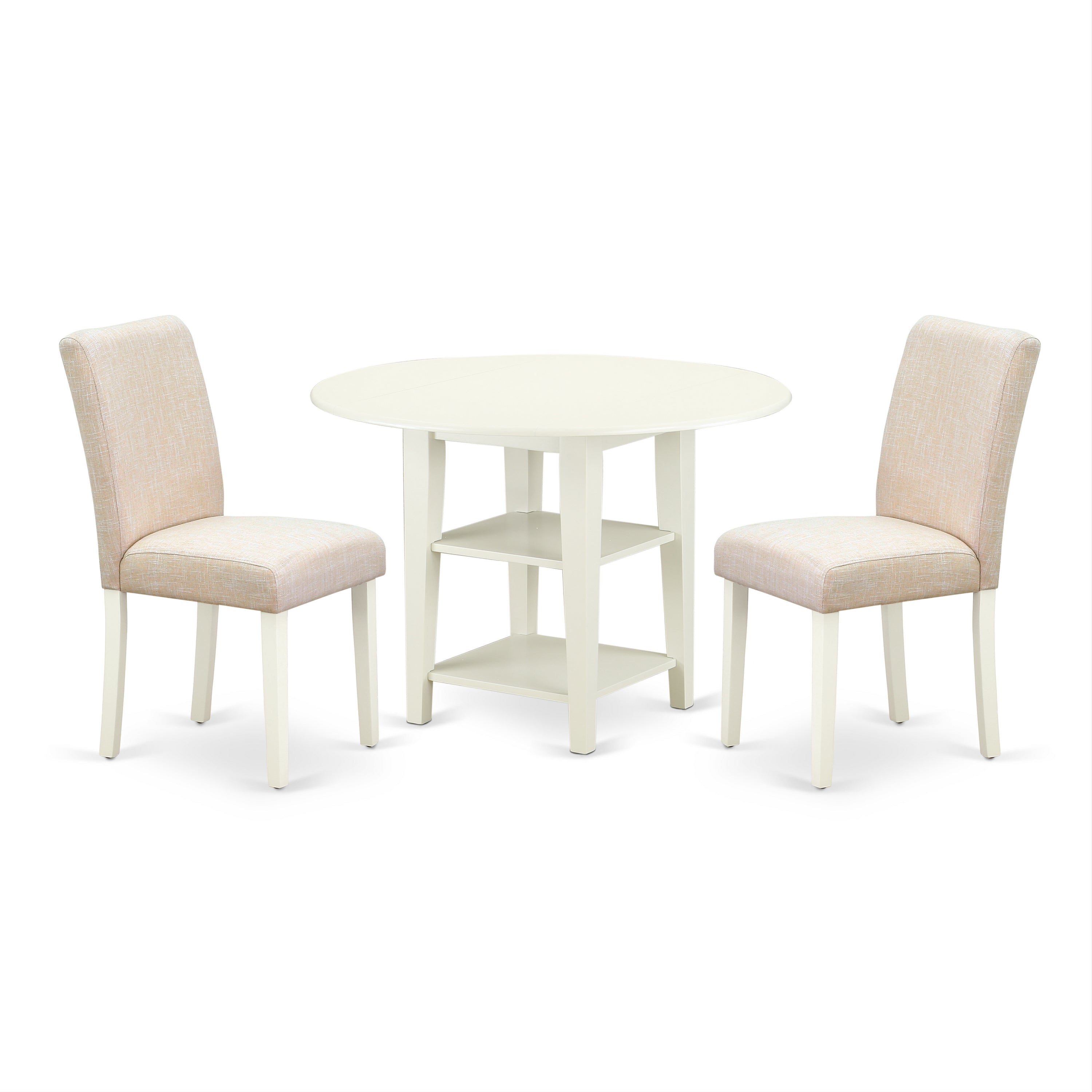 SUAB3-LWH-02 3Pc Round 20/42 Inch Table With 2 11-Inch Drop Leaves And 2 Parson Chair With Linen White Leg And Linen Fabric Light Beige