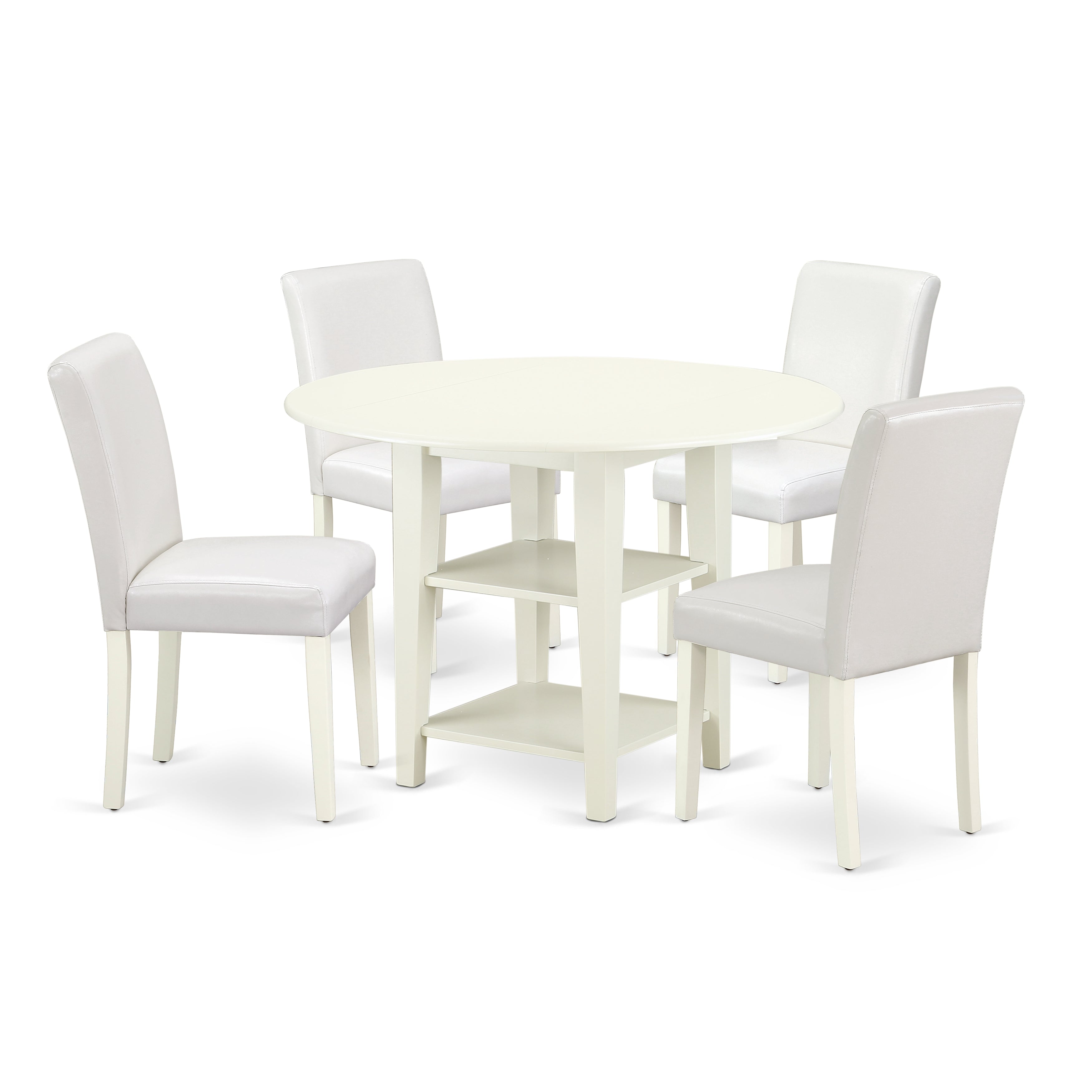 SUAB5-LWH-64 5Pc Round 20/42 Inch Dining Room Table With two 11-Inch-Inch Drop Leaves And Four Parson Chair With Linen White Leg And Pu Leather Color White