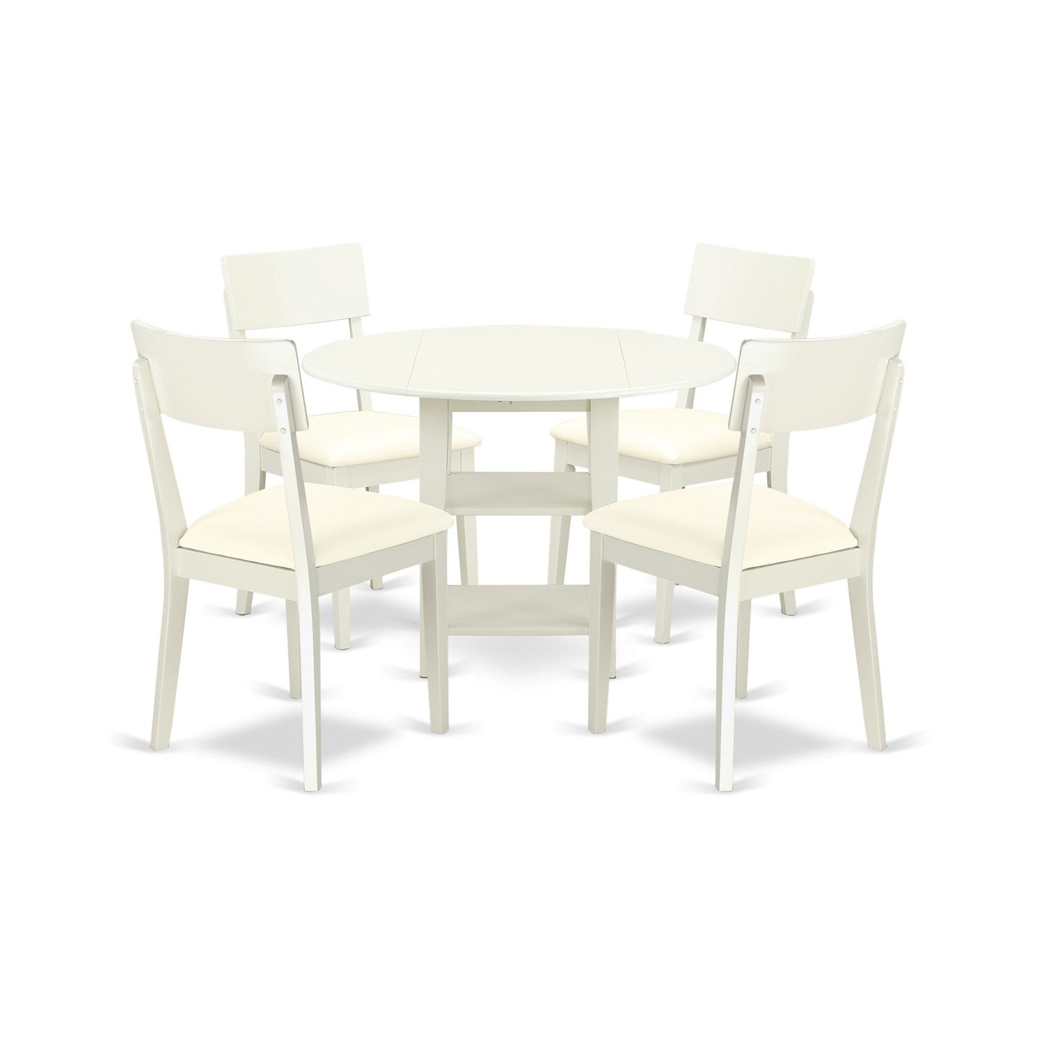 SUAD5-LWH-LC 5 Piece Sudbury Set With One Round Dinette Table And Four Dinette Chairs With Faux Leather Seat In A Beautiful Linen White Finish.