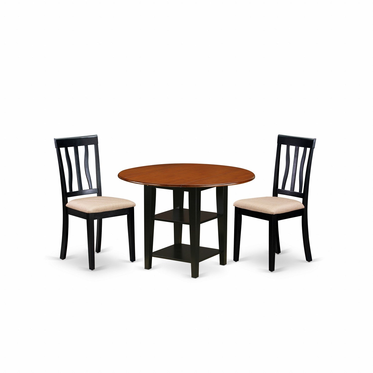 SUAN3-BCH-C 3 Piece Sudbury Set With One Round Dinette Table And Two Dinette Chairs With Cushion Seat In A Beautiful Black and Cherry White Finish.