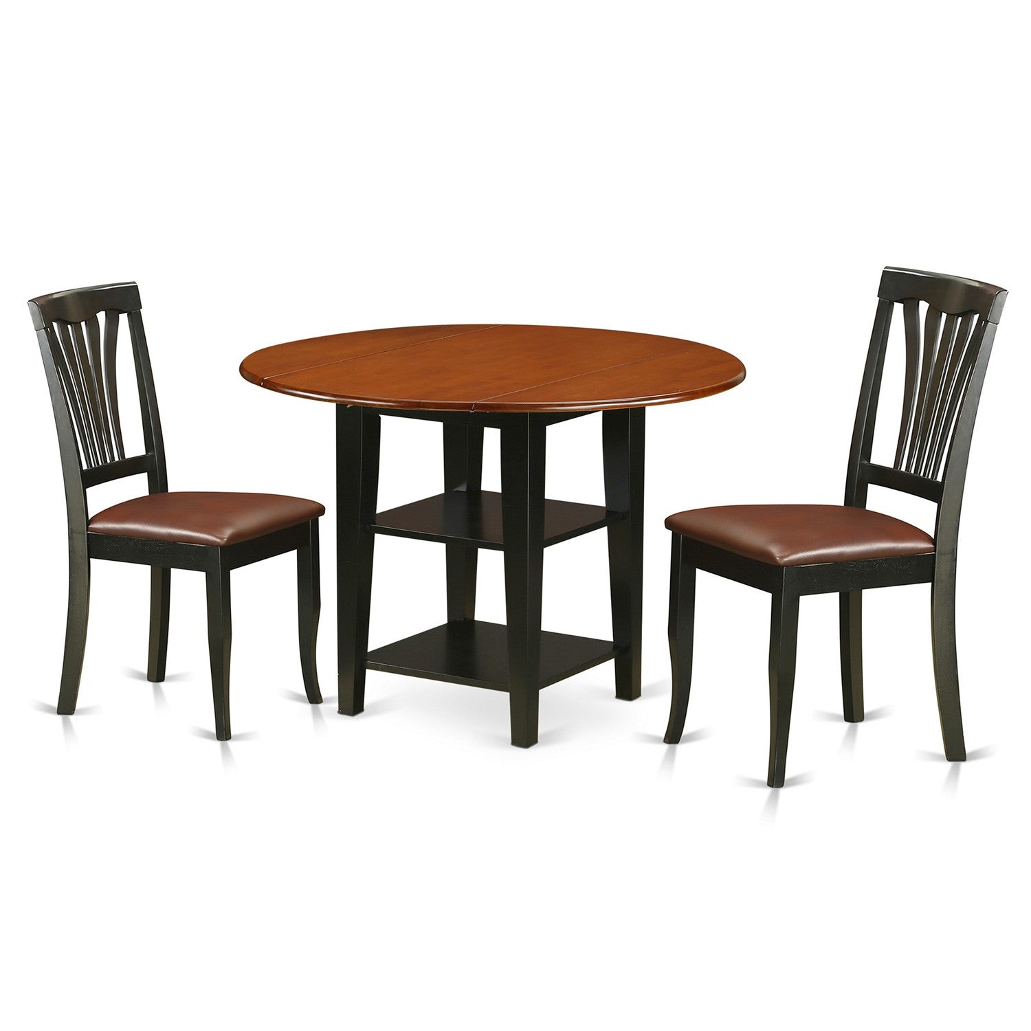 Juego de mesa de comedor de 3 piezas East West Furniture SUAV3-BCH-LC. Incluye una mesa de comedor redonda con alas abatibles y estantes, y dos sillas tapizadas en piel sintética.