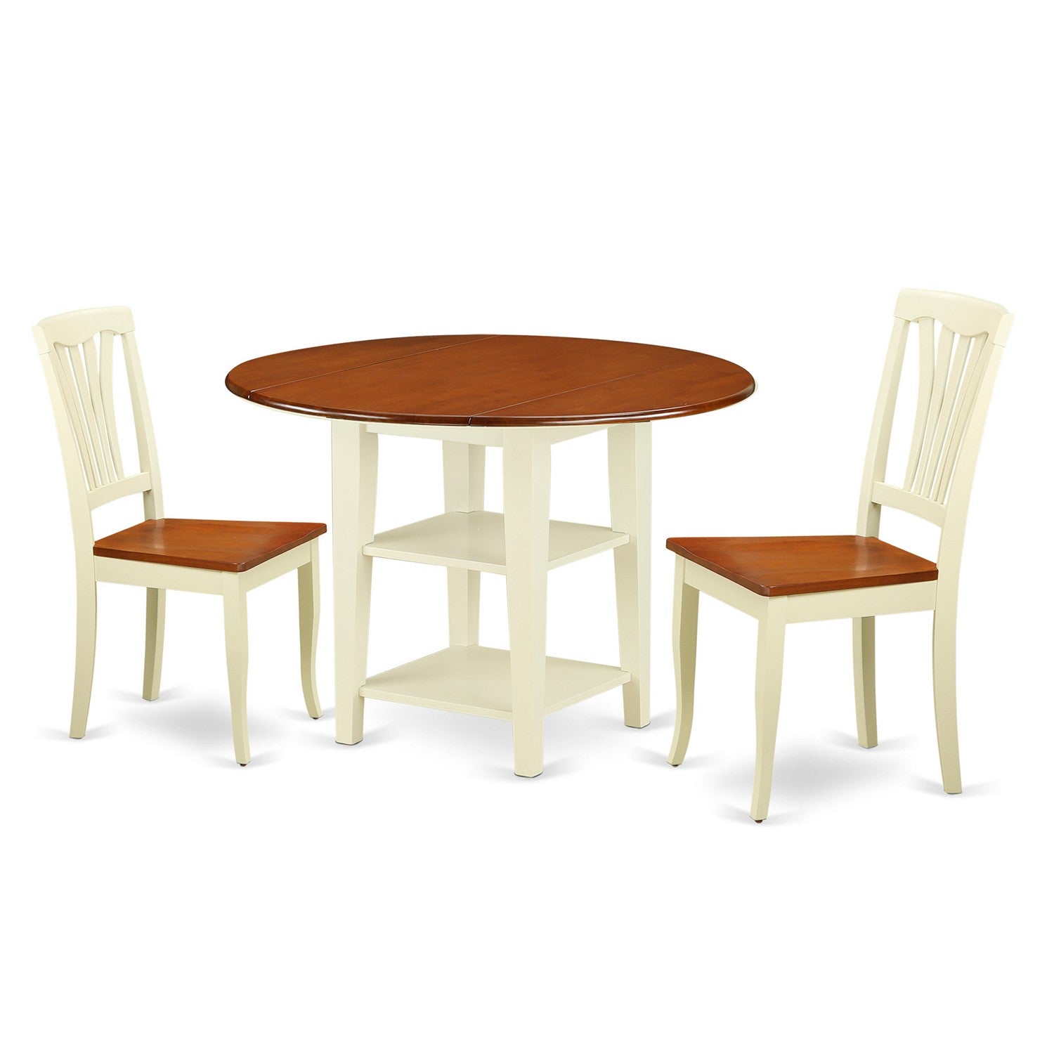 Juego de mesa de cocina de 3 piezas East West Furniture SUAV3-BMK-W para espacios pequeños. Incluye una mesa de comedor redonda con alas abatibles y estantes, y 2 sillas de comedor.