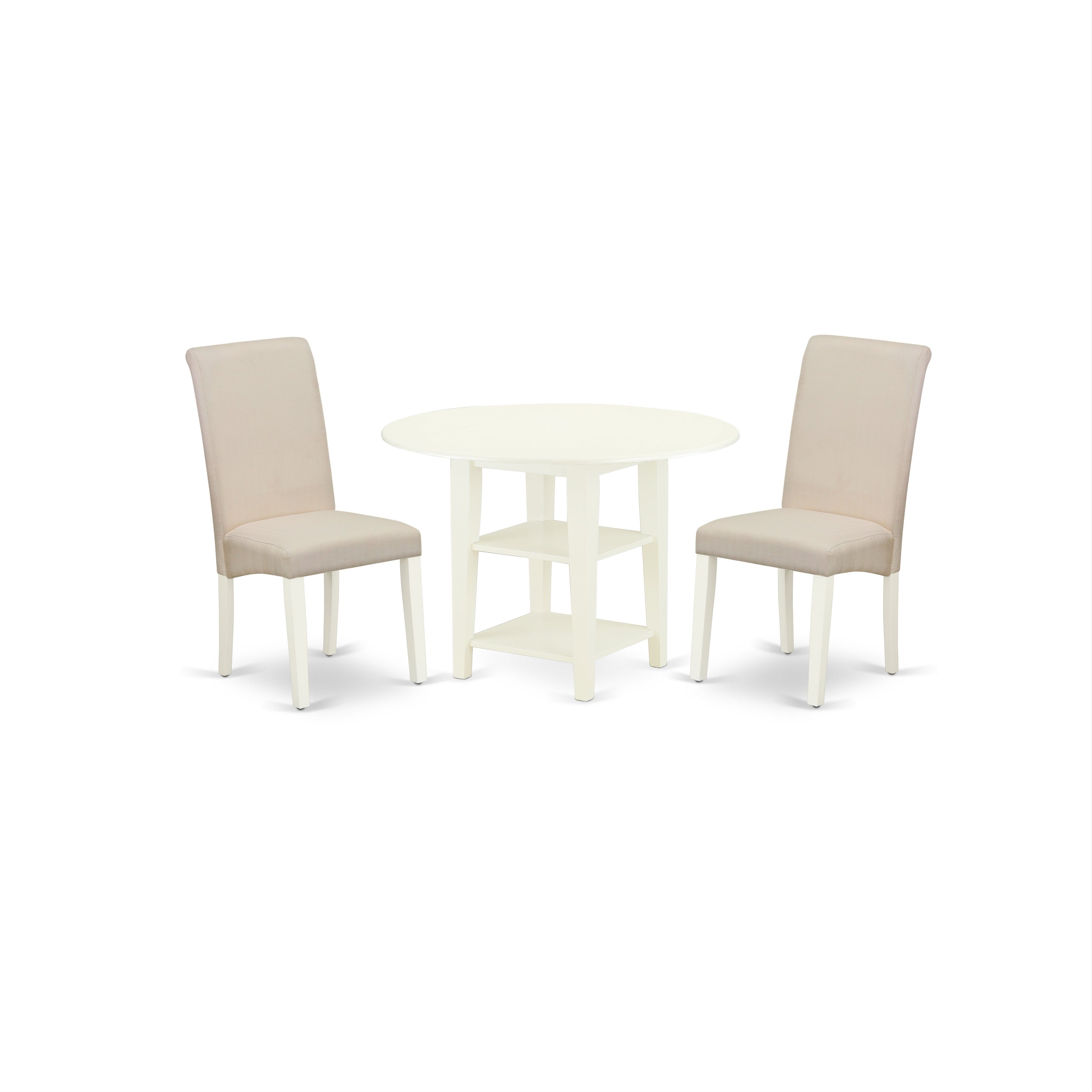 El juego de mesa de cocina de 3 piezas SUBA3-LWH-01 de East West Furniture incluye una mesa de comedor redonda con alas abatibles y estantes, y dos sillas de comedor Parson de tela de lino color crema.