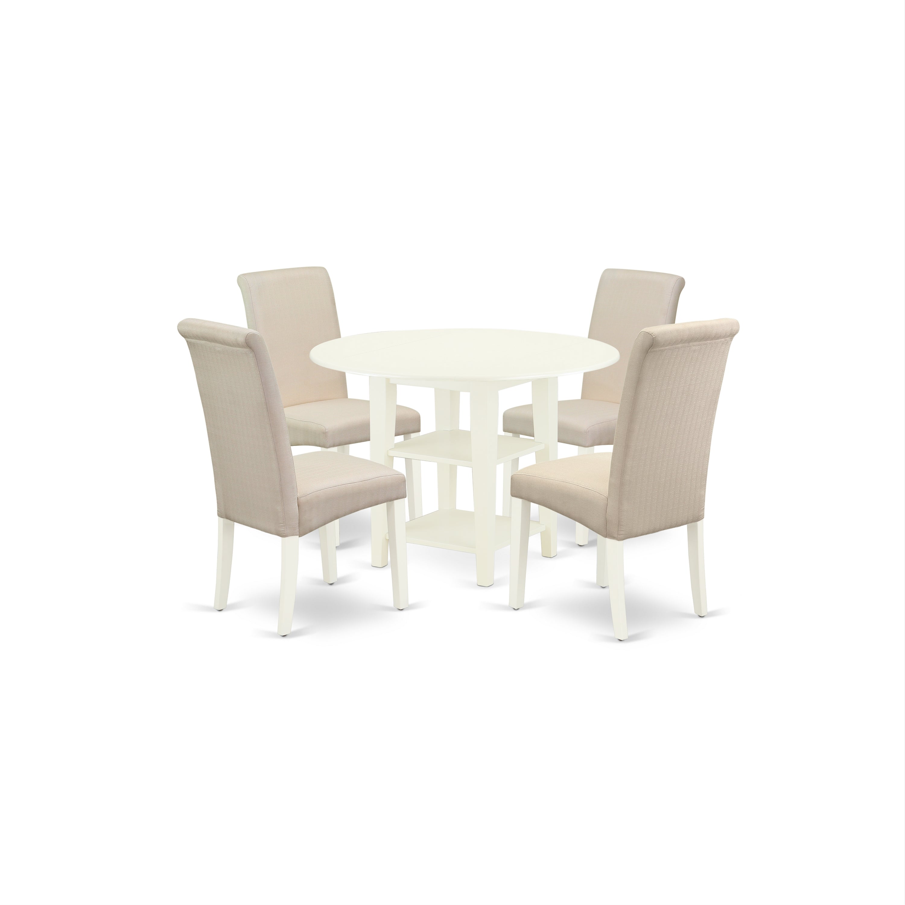 El juego de comedor moderno de 5 piezas SUBA5-LWH-01 de East West Furniture incluye una mesa redonda de madera con hojas abatibles y estantes, y 4 sillas tapizadas en tela de lino color crema.