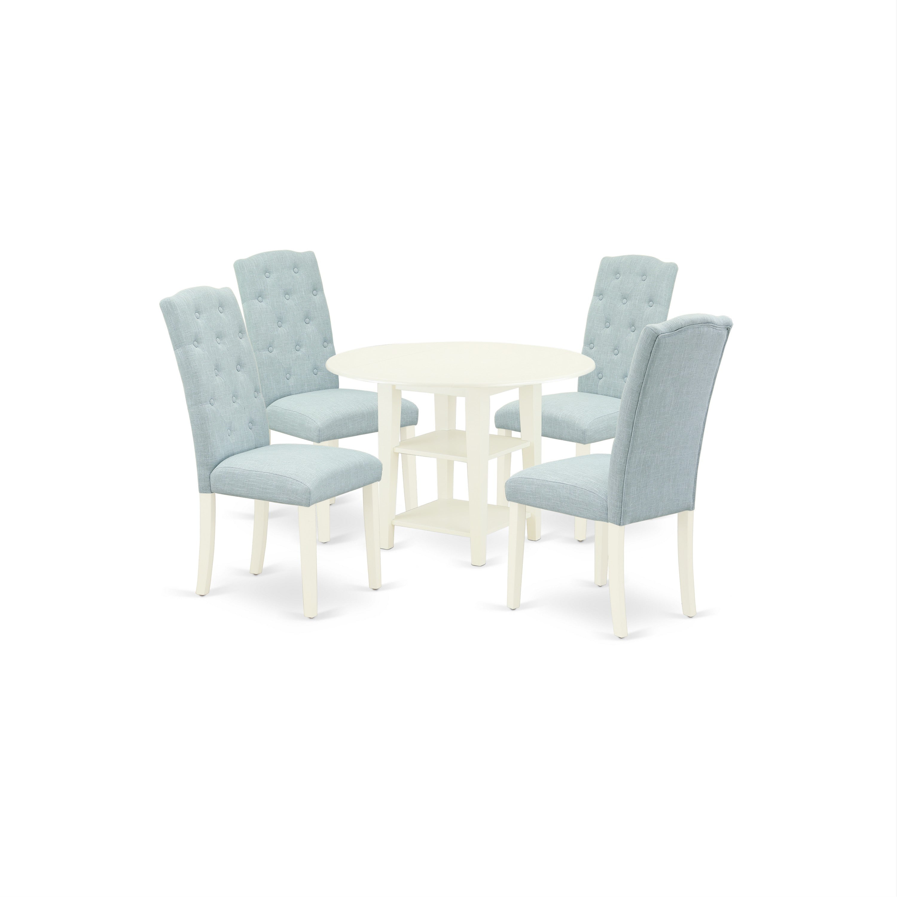 El juego de comedor de 5 piezas East West Furniture SUCE5-LWH-15 incluye una mesa de comedor redonda con alas abatibles y estantes, y 4 sillas Parson de tela de lino azul bebé.