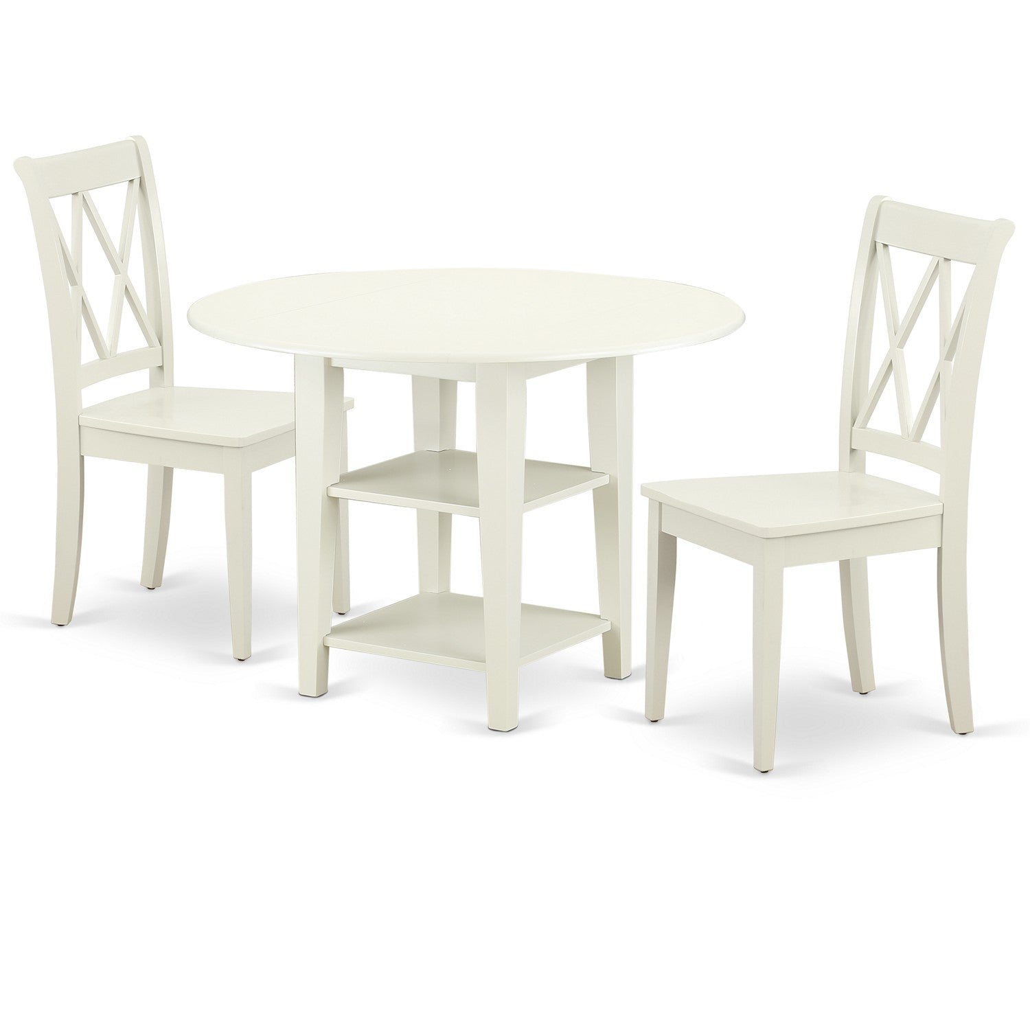SUCL3-LWH-W 3PC Round 20/42 inch Table with two11-Inch Drop Leaves and 2 Double X back Chairs